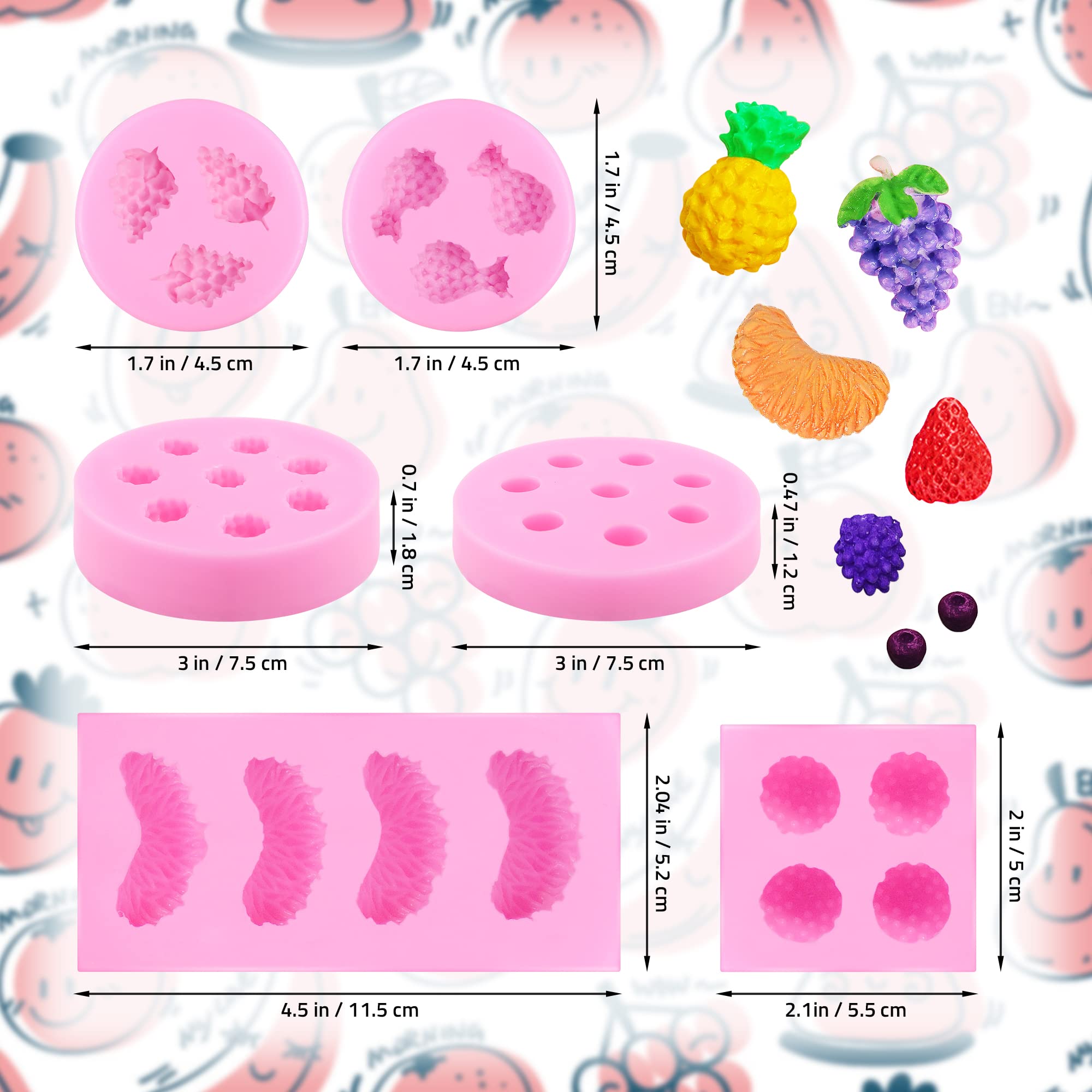 6 Pieces Fruit Shaped Jelly Molds Fruit Silicone Molds Strawberry Mold Orange Pineapple Mulberry Blueberry Grape Fondant Molds Wax Molds Silicone Molds for Candles Chocolate Soap Cupcake Decorating