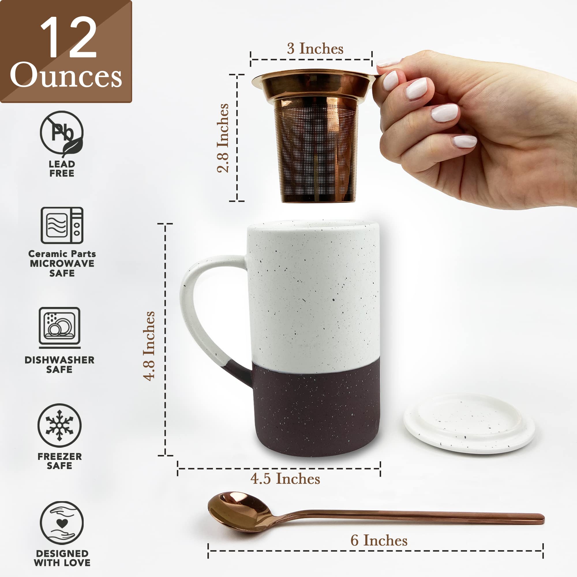 Mora Ceramics Tea Cup with Loose Leaf Infuser, Spoon and Lid, 12 oz, Microwave and Dishwasher Safe Coffee Mug - Rustic Matte Cer