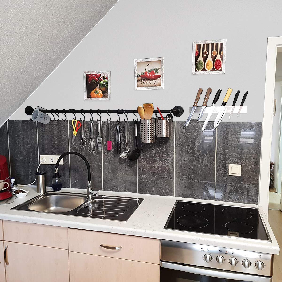 WuGeShop 50.4" Wall-Mounted Pot Rack, Black Metal Hanging Rail with 15 S Hooks, Extra Long Kitchen Organizer