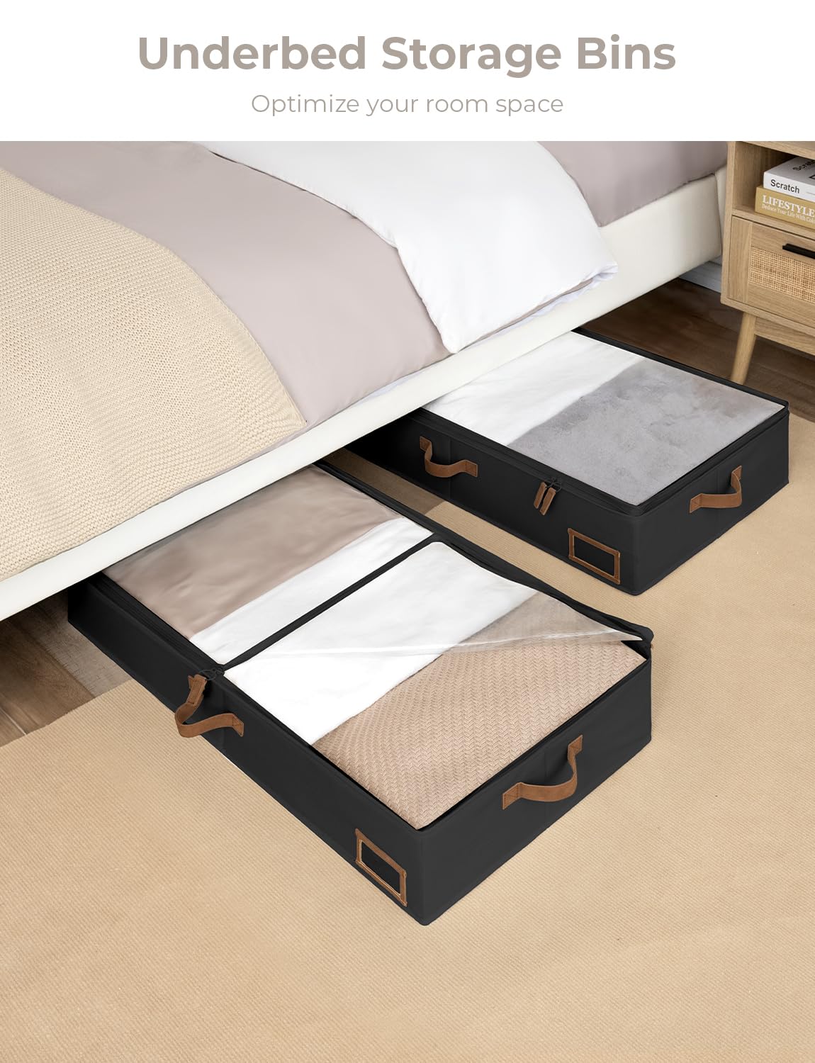 StorageWorks Underbed Storage Bins, Under Bed Storage Containers with Zippers, Closet Organizer for Clothes, Blankets, Black, La