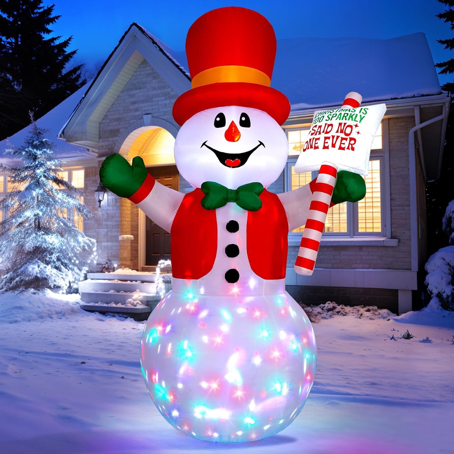 8ft Christmas Inflatable Outdoor Decoration Snowman, Gentleman Snowman Holding Sign Welcoming Guest, Built-in Rotating Disco Lig