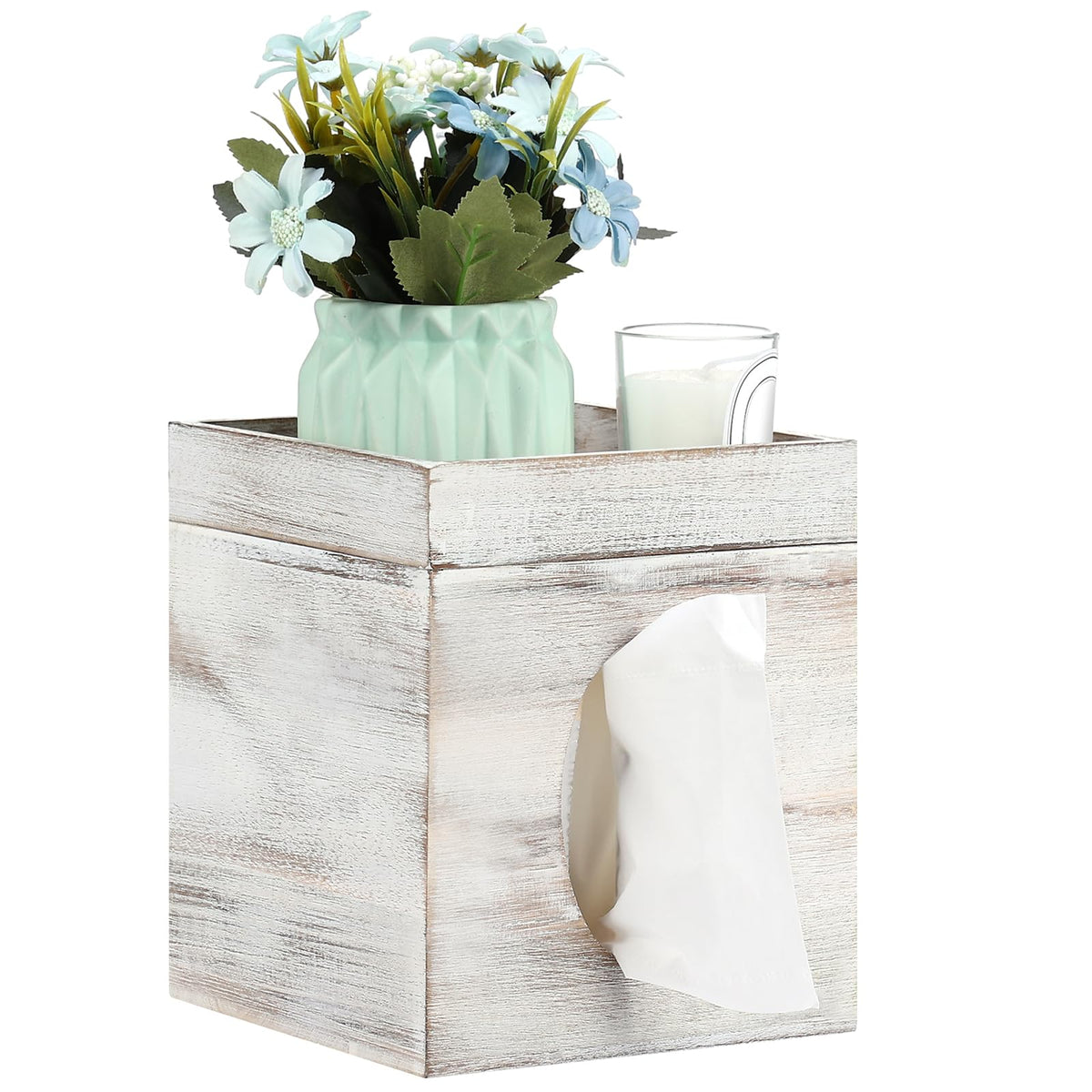 Tissue Box Cover, White Washed Solid Tissue Box Cover With Storage Tray Square Tissue Box Covers Holder For Bathroom, Bedroom, D
