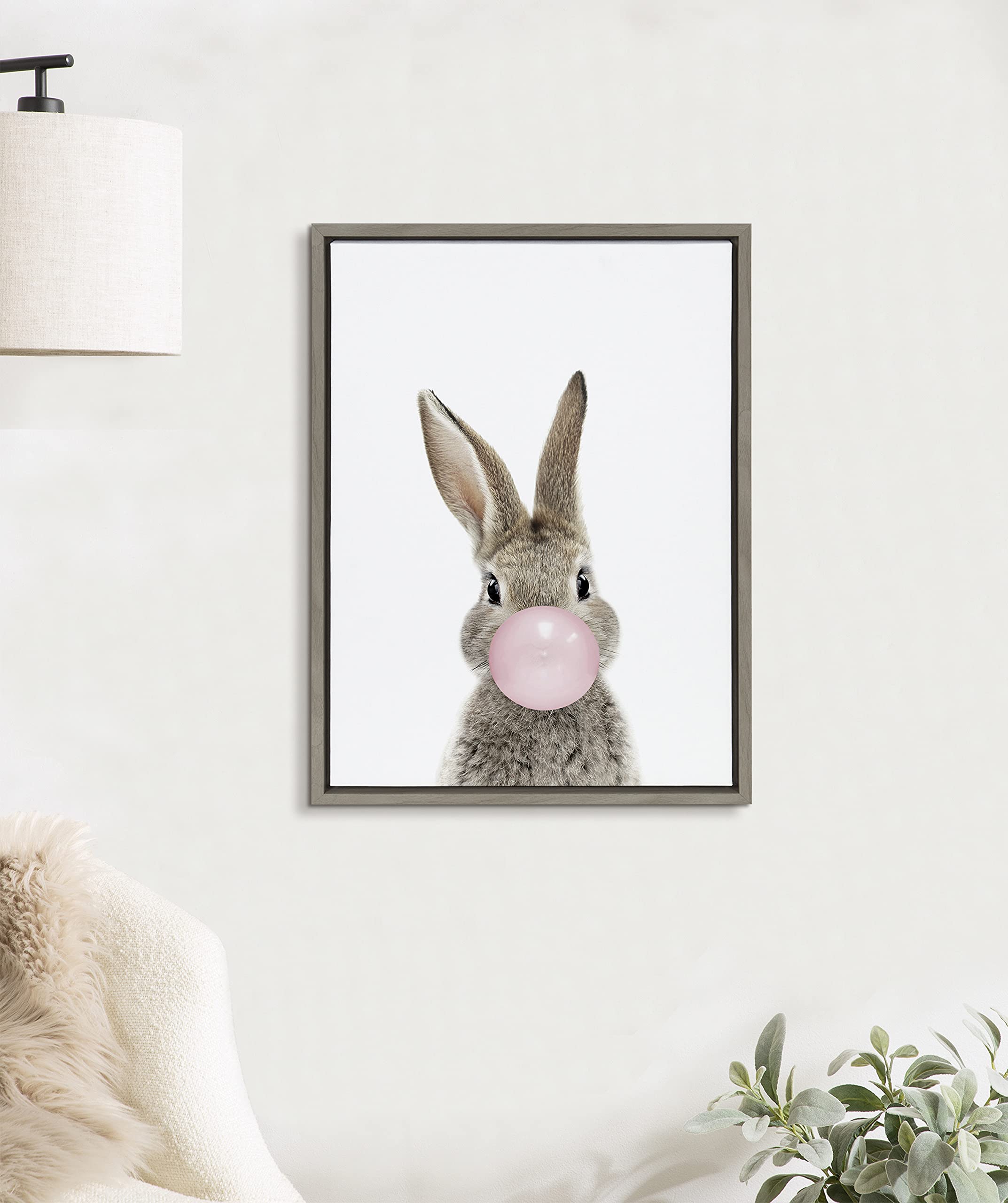 Kate And Laurel Sylvie Bubble Gum Bunny Framed Canvas Wall Art By Amy Peterson Art Studio, 18X24 Gray