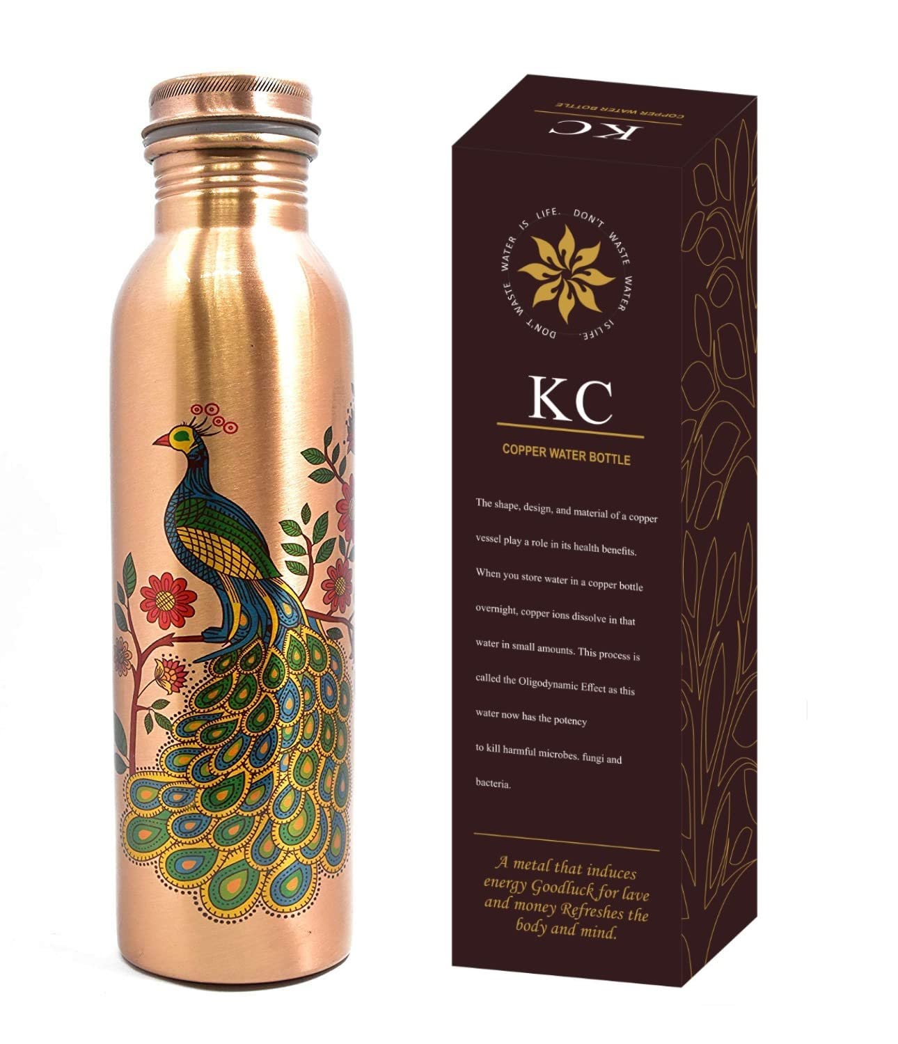 Kc Pure Copper Peacock Designer Water Bottle With Advanced Leak Proof Protection, Ayurveda And Yoga Health Benefits. (1000Ml, 1U
