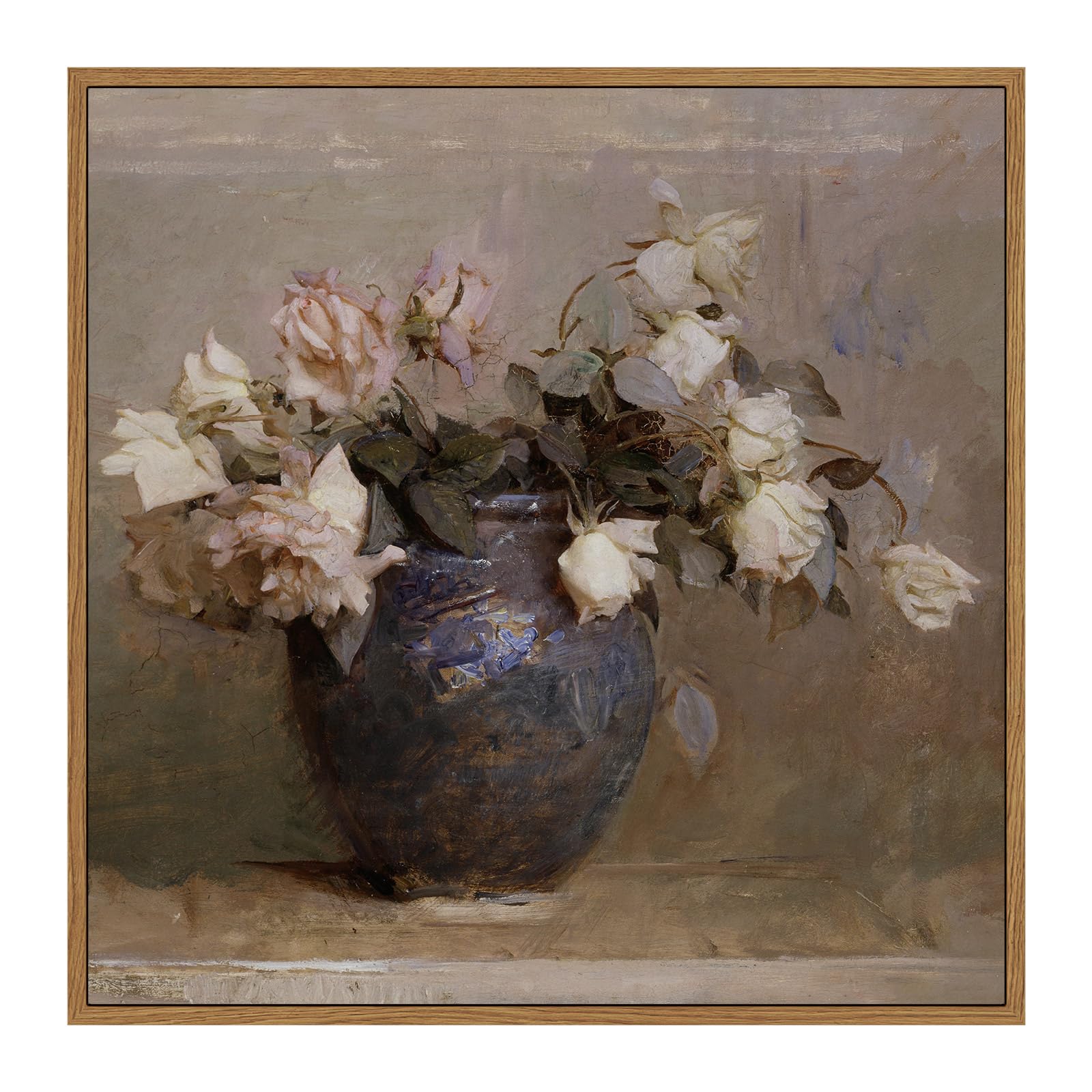 Insimsea Square Framed Canvas Wall Art, Flowers Farmhouse Prints Vintage Classical Floral Rose In Vase Pictures Wall Decor Paint