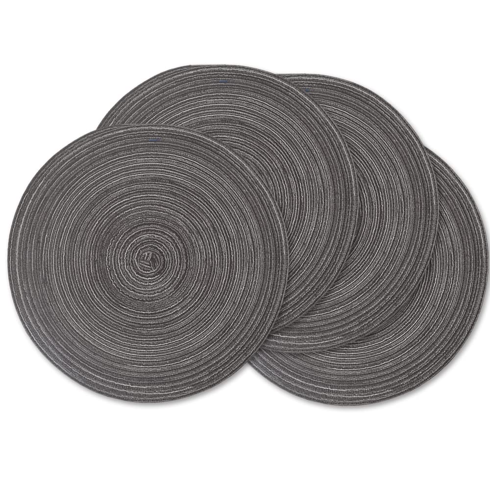 Homedge Round Placemat, Set Of 4 Braided Washable Table Mats 15 Inches-Black&Gray