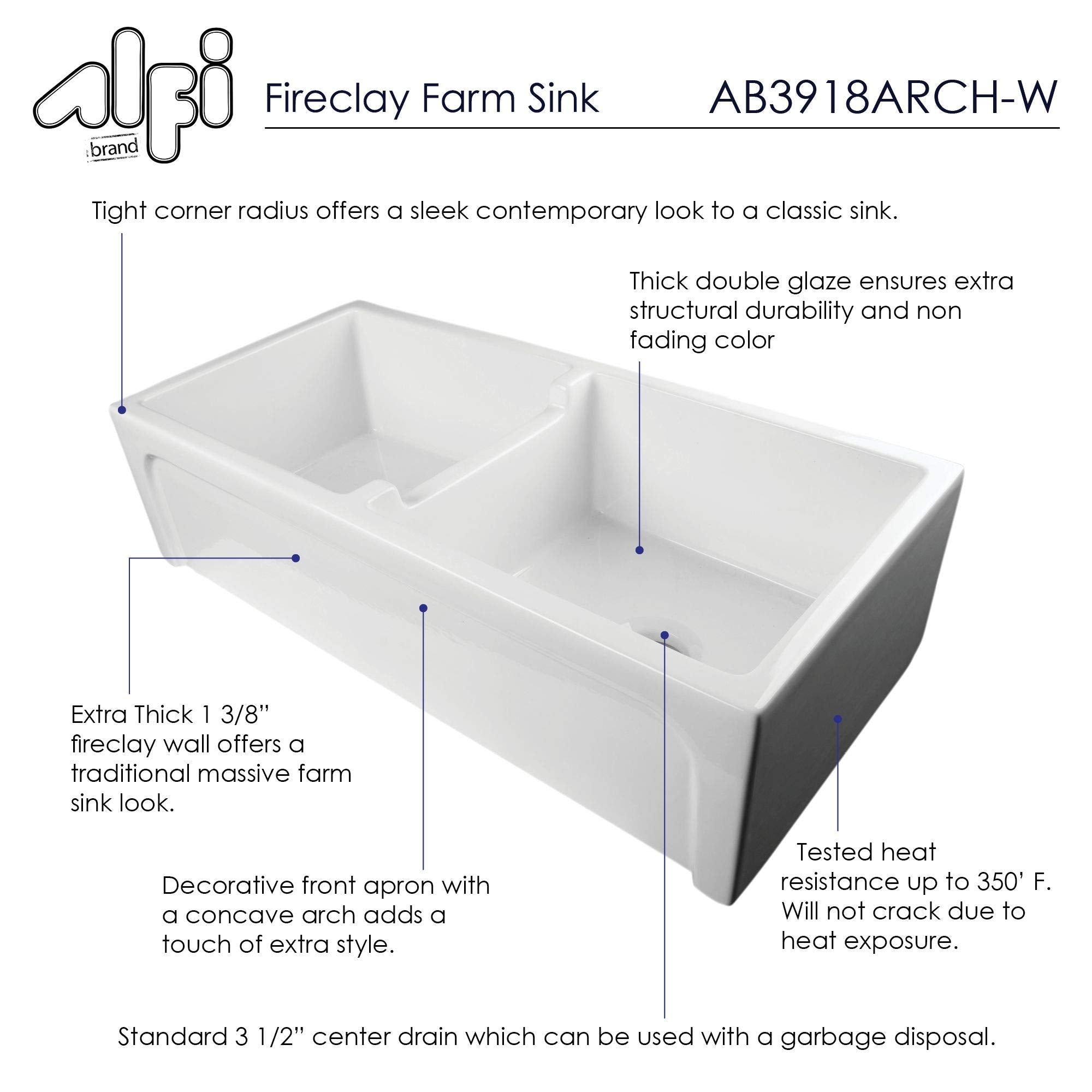 Alfi Brand Ab3918Arch-W Arched Apron Thick Wall Fireclay Double Bowl Farm Sink, 39'', White