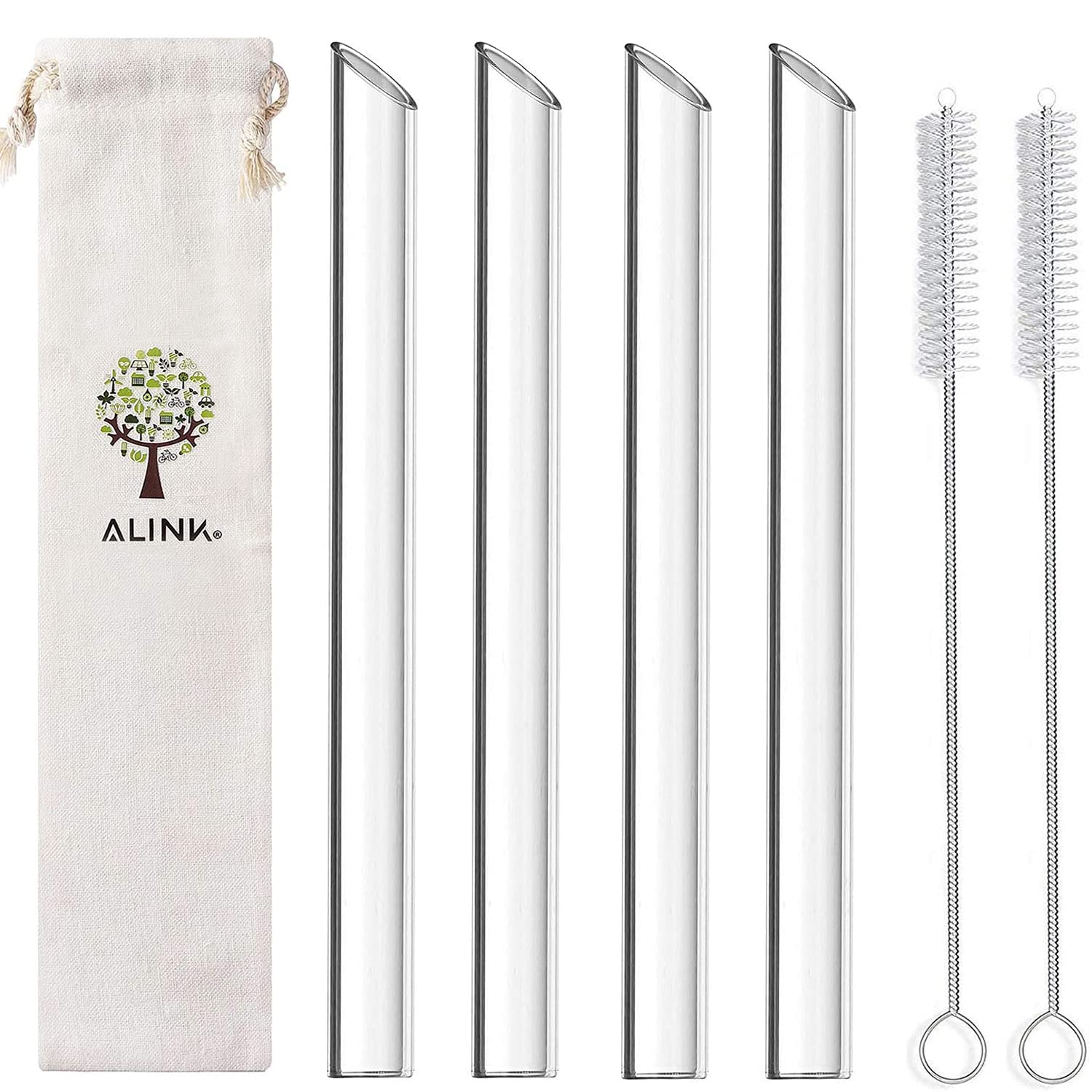 Alink Reusable Glass Boba Straws, 14Mm Extra Wide Clear Smoothie Straws For Bubble Tea, Pack Of 4 With 1 Case And 2 Brush