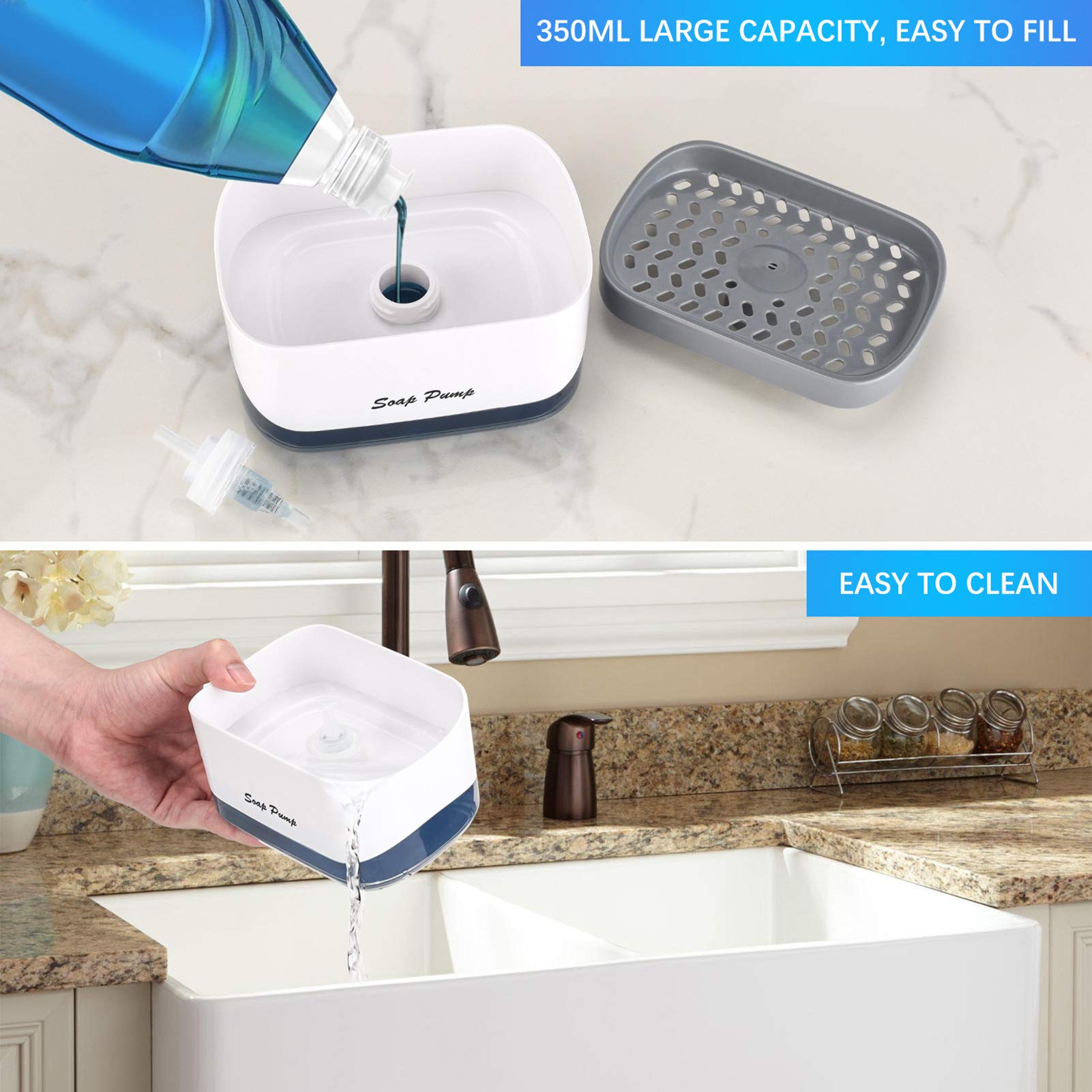 Kitchen Dish Soap Dispenser With Sponge Holder, 2-In-1 Countertop Soap Pump Dispenser, For Kitchen Sink Dishwashing Soap Dispens