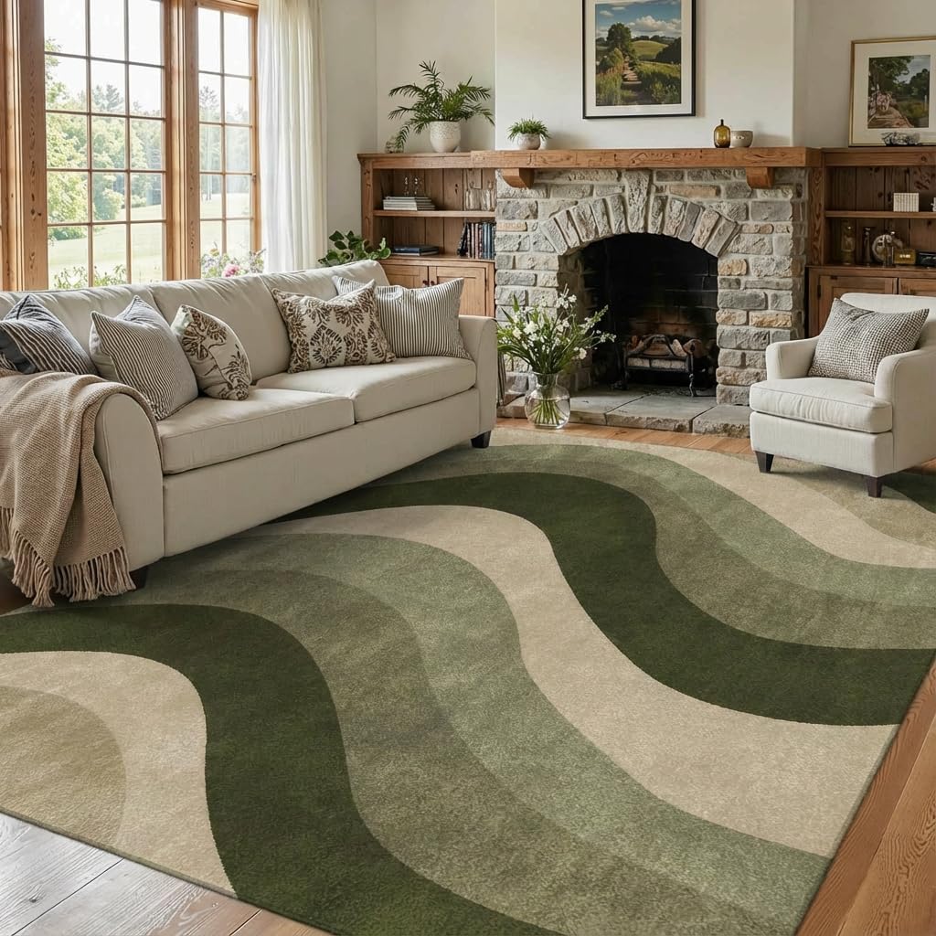 BreezeRise 5x7 Modern Wavy Striped Area Rug for Living Room,Olive Green & Beige Gradient Wave Pattern Non-Slip Washable Backing 