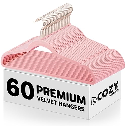 Cozymood Luxury Pink Velvet Hangers 60 Pack  Premium Clothes Hangers Non-Slip Felt Hangers  Strong Pink Hangers Heavy Duty Coat Hangers  Sturdy Suit Hangers Space Saving  No Shed  360 Rotating Hook