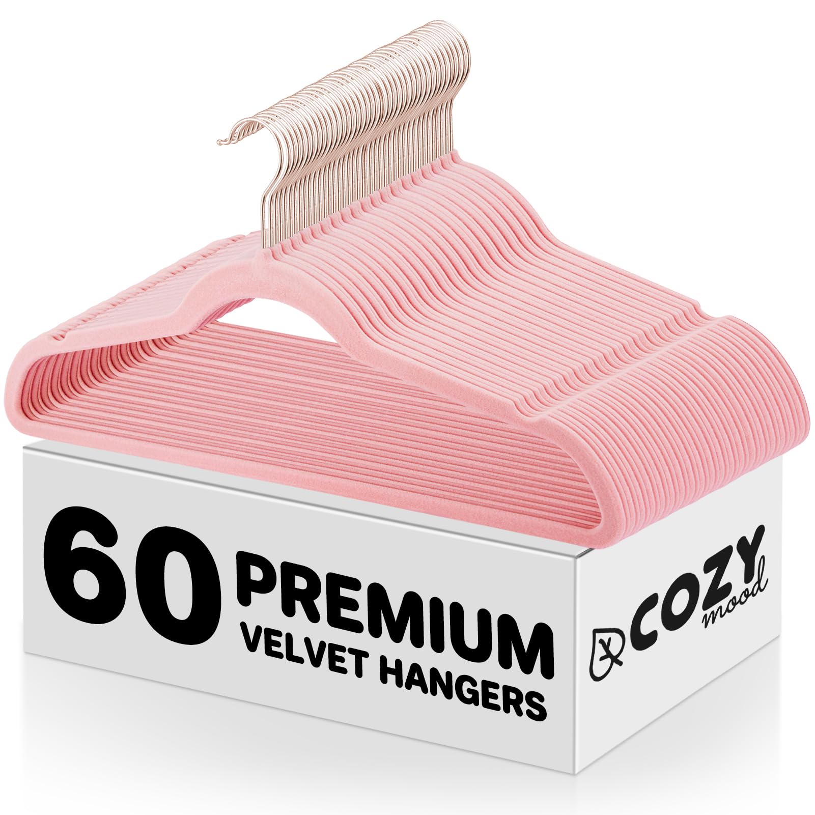 Cozymood Luxury Pink Velvet Hangers 60 Pack  Premium Clothes Hangers Non-Slip Felt Hangers  Strong Pink Hangers Heavy Duty Coat Hangers  Sturdy Suit Hangers Space Saving  No Shed  360 Rotating Hook