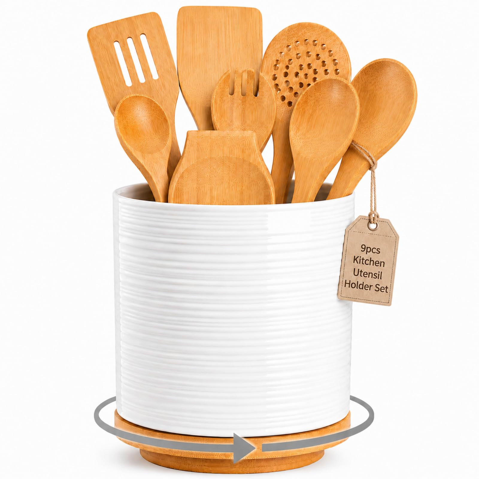 White Ceramic Kitchen Utensil Holder, 360 Rotating 9Piece Set