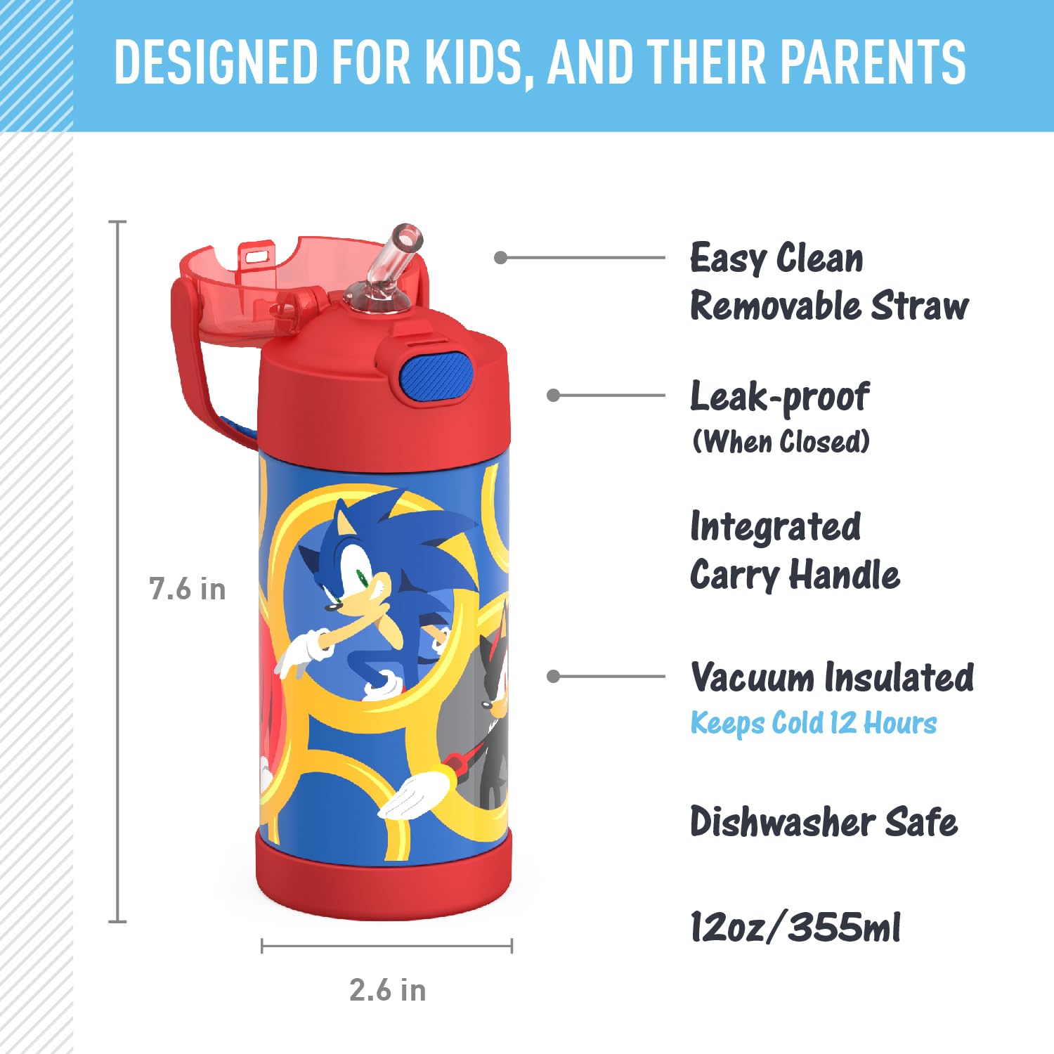 Thermos Funtainer Water Bottle With Straw - 12 Ounce - Kids Stainless Steel Vacuum Insulated Water Bottle With Lid, Sonic The He
