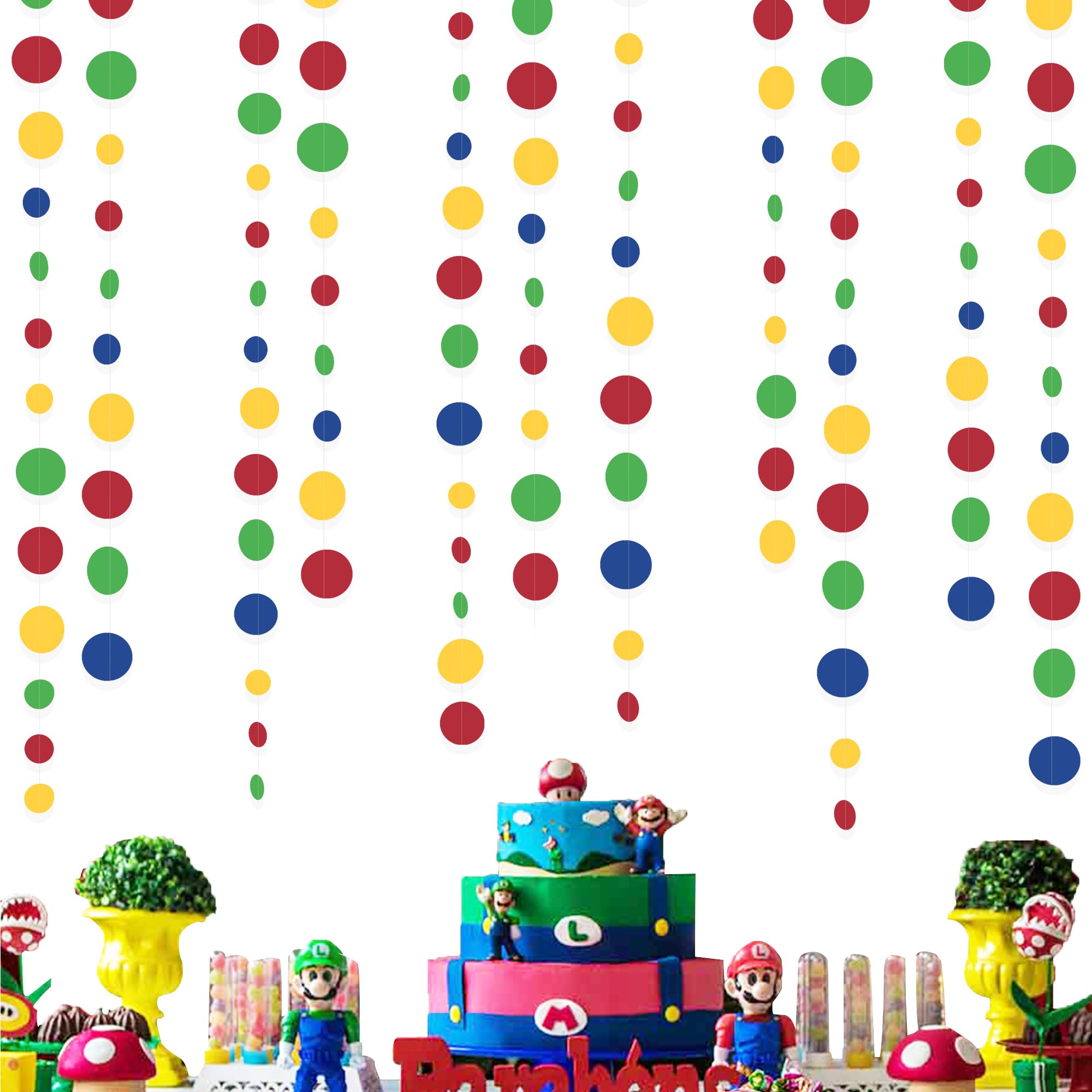 Super Mario Party Decorations Circle Dot Garland Red Blue Yellow Green Hanging Paper Polka Dot Streamer For Birthday Baby Shower