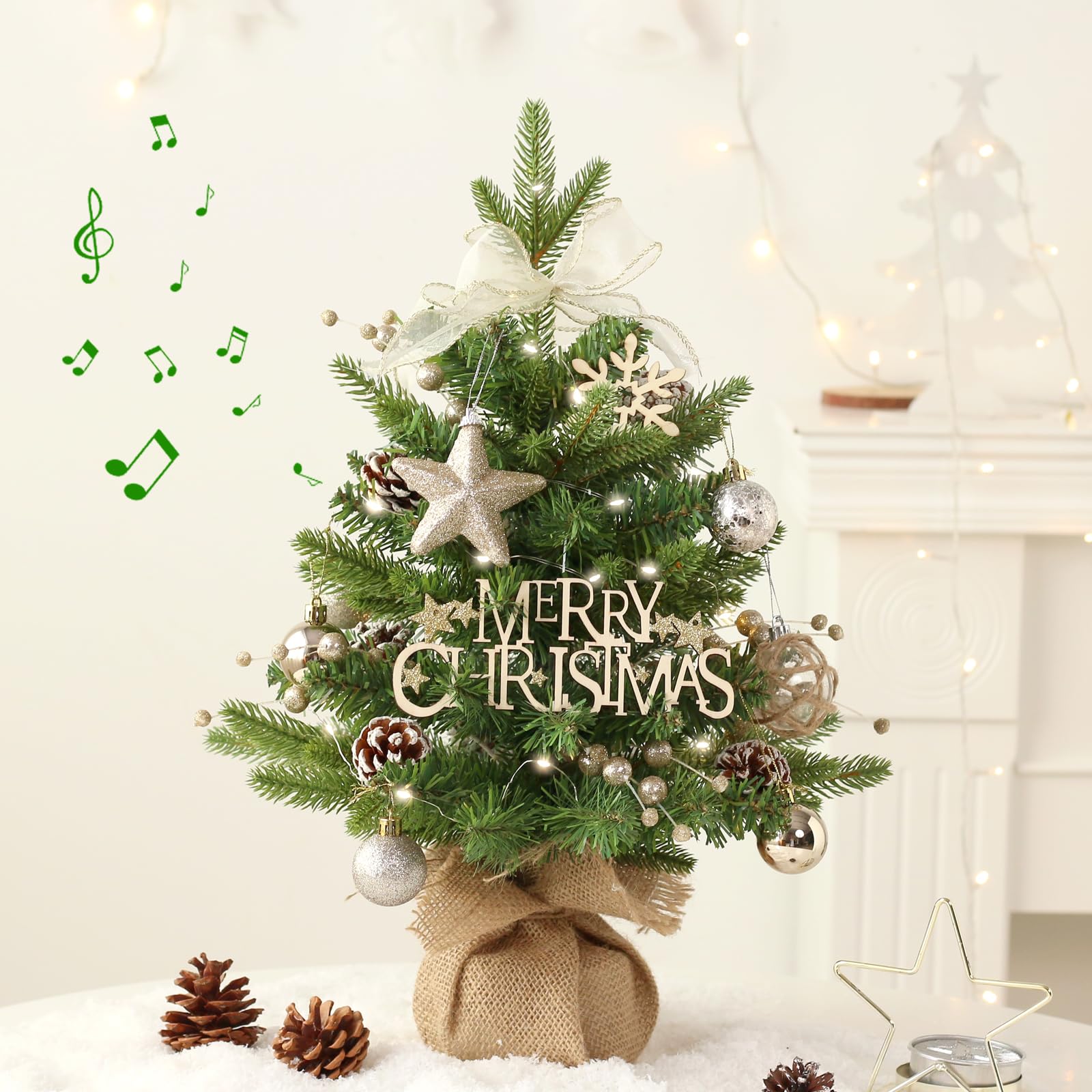 Mini Christmas Tree, Tabletop Small Christma Tree Green Prelit Christmas Tree with Music Artificial Xmas Tree with Xmas Ornament