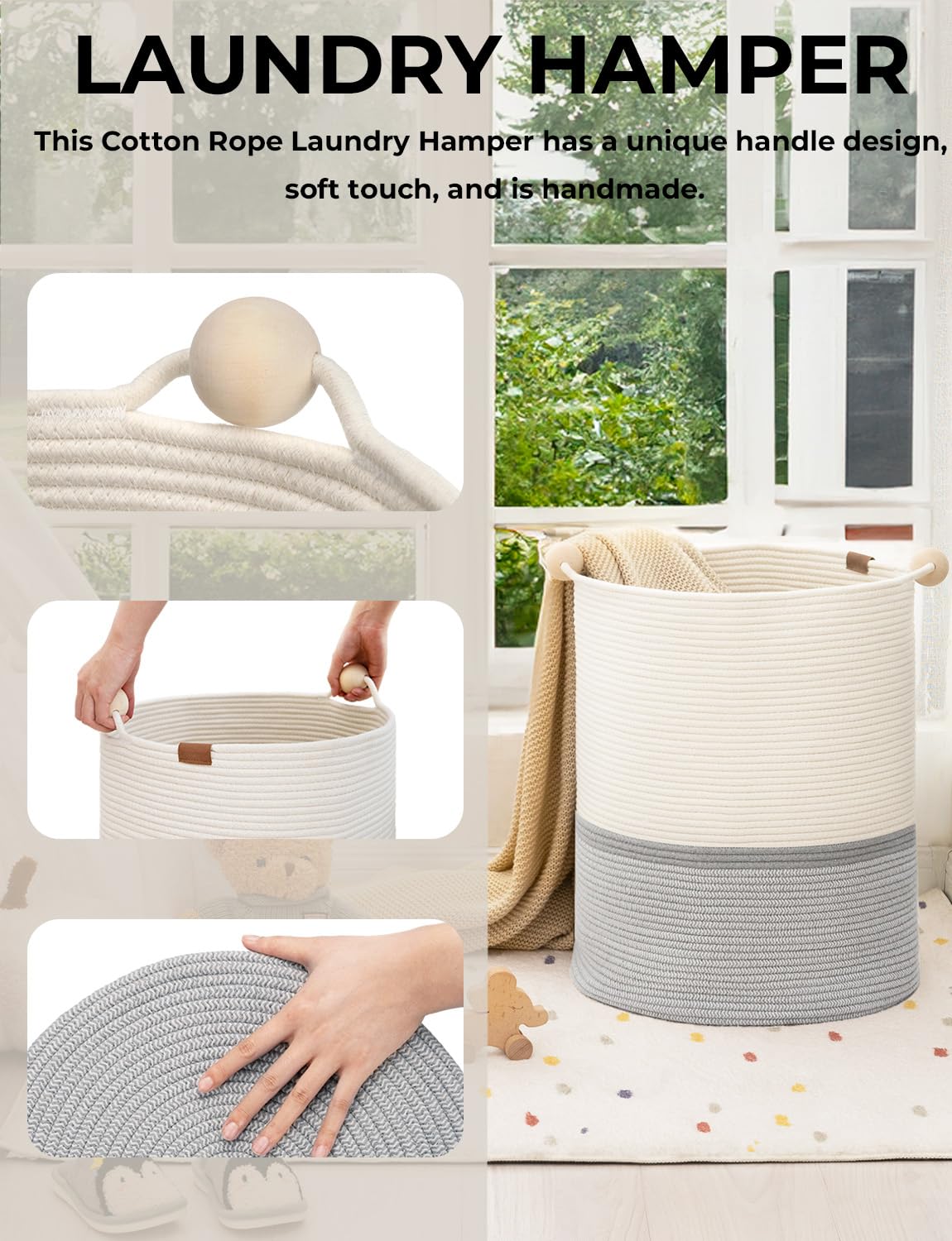 Storageworks 72L Cotton Rope Laundry Basket With Wooden Beads Handles, Woven Basket For Storage, Dirty Clothes, Kids Toys, Towel