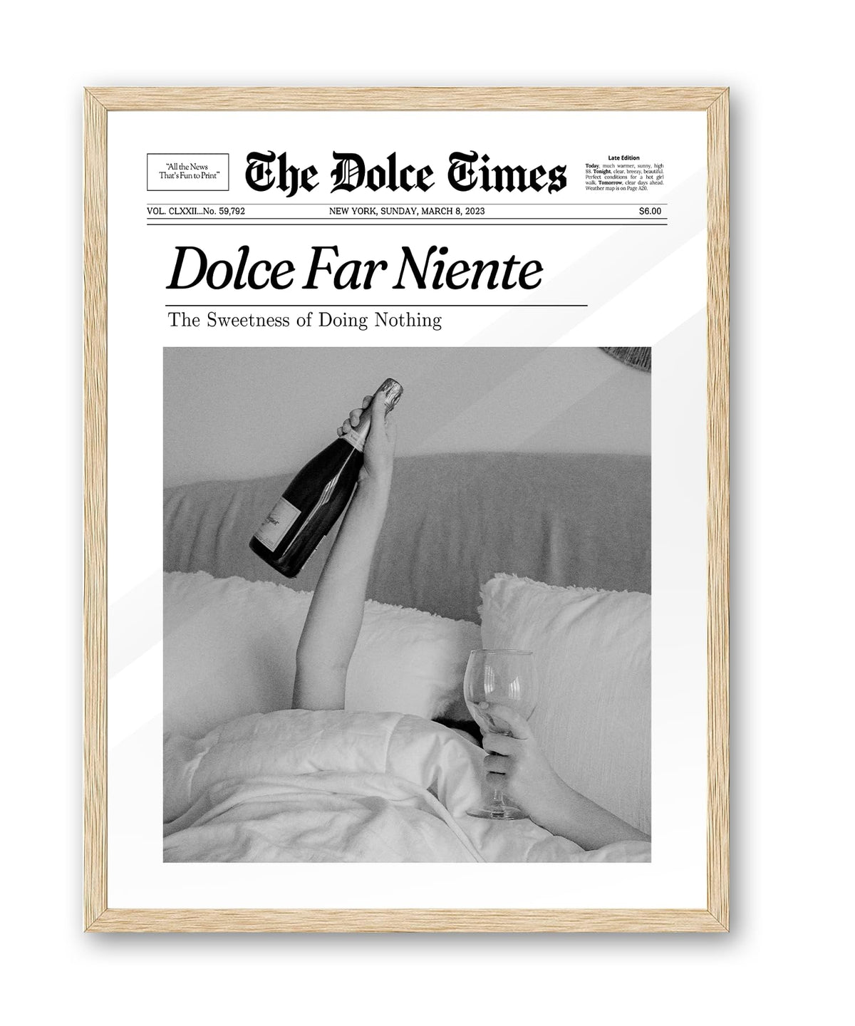 Ihery Small Dolce Far Niente Framed Trendy Newspaper Wall Art, Natural Oak Wood 8X10In Canvas Wall Art Bedroom,The Sweetness Of