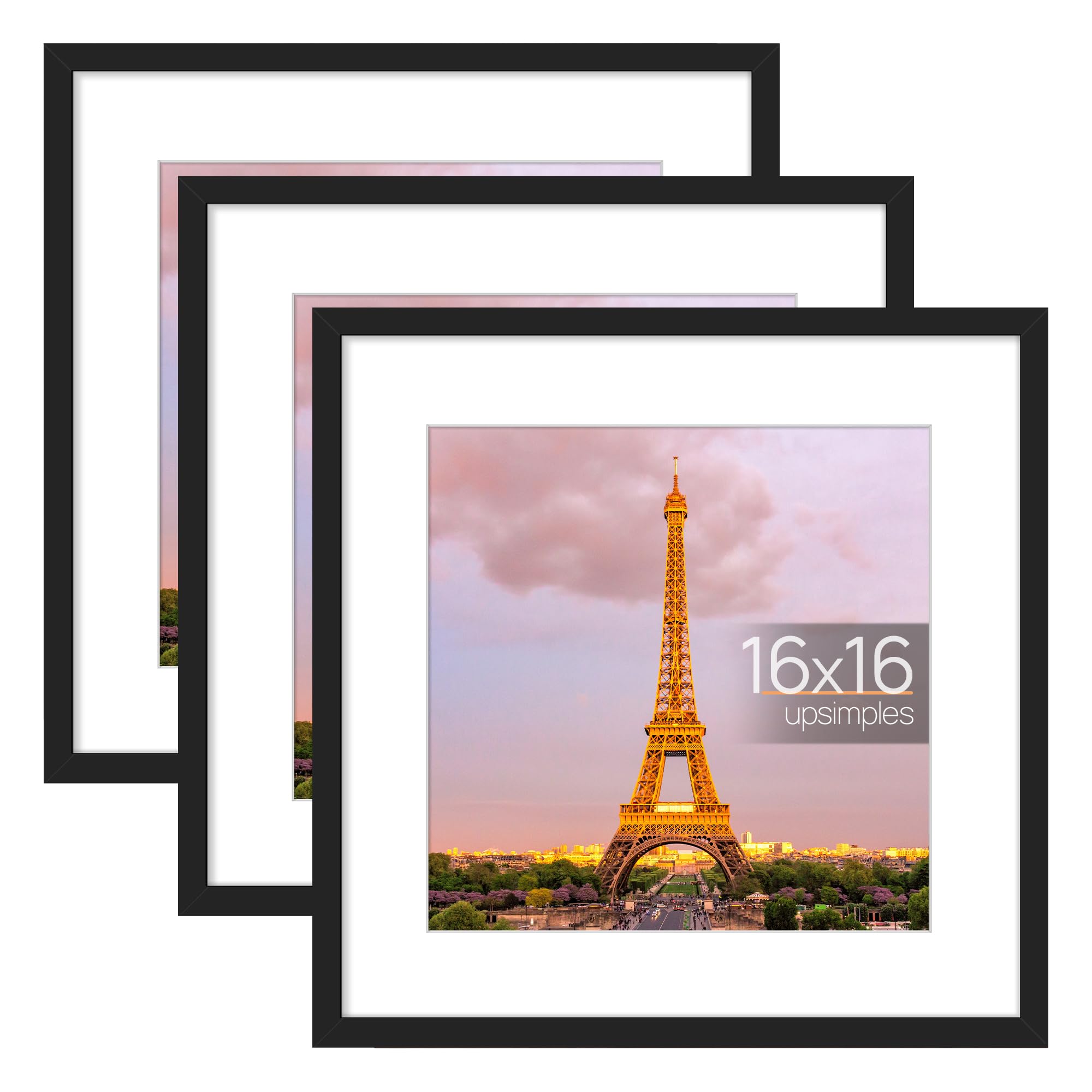 upsimples 16x16 Picture Frame Set of 3, Made of High Definition Glass for 12x12 with Mat or 16x16 Without Mat, Wall Display Phot