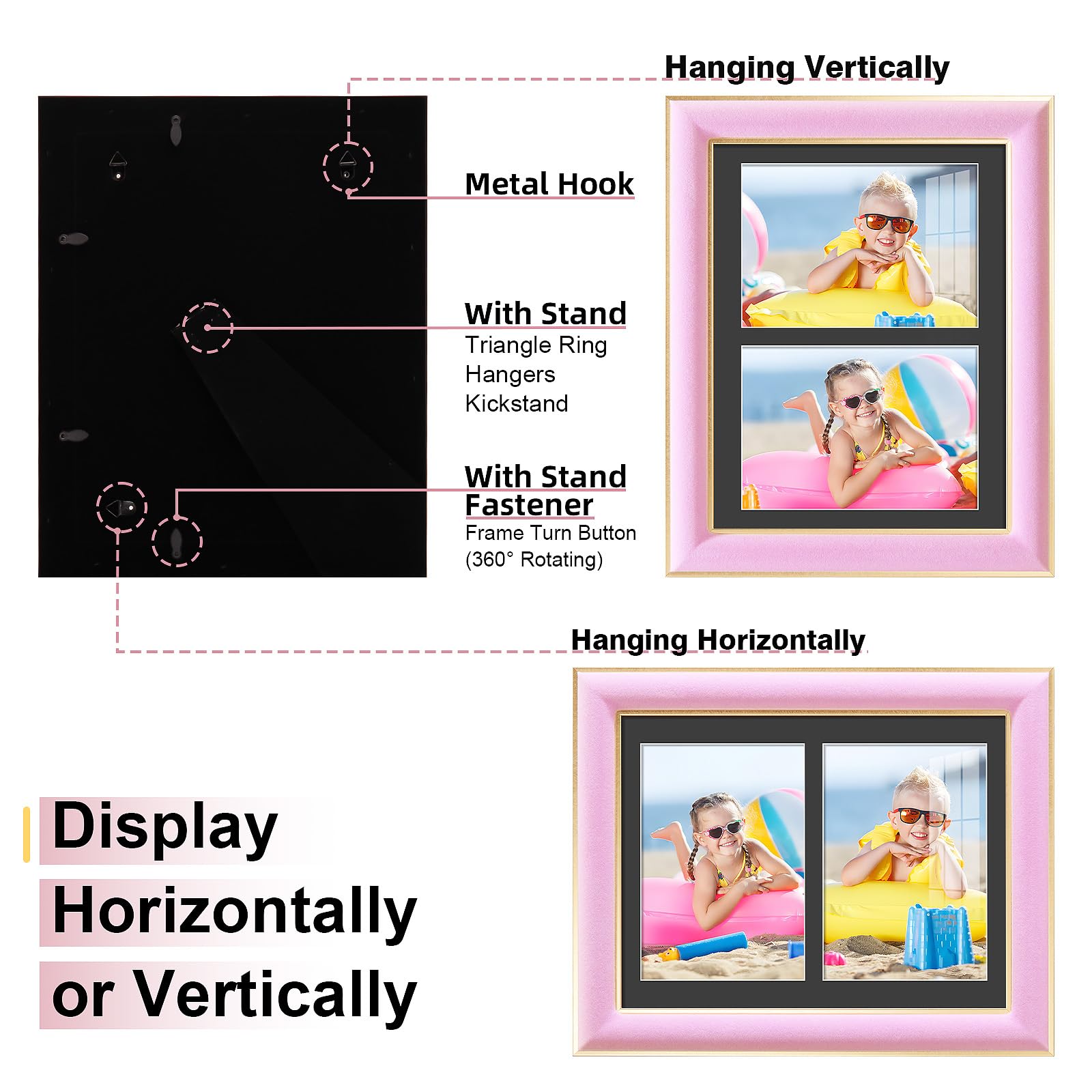 KSROECUD 8.5x11 Velvet Picture Frame with 2 Openings 5x7 Pictures, HD Real Glass Pink Velvet Photo Frame with Black White Border