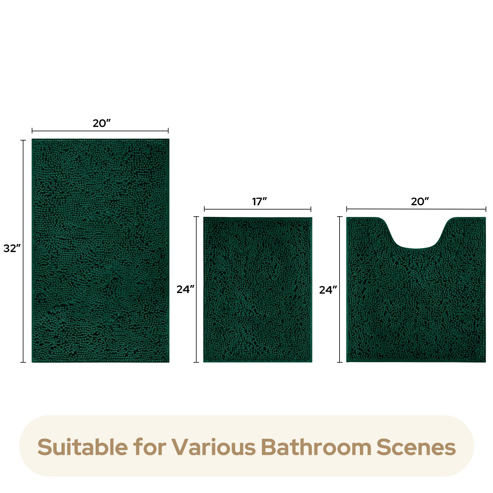 Homeideas 3 Pieces Bathroom Rugs, Ultra Soft Non Slip Absorbent Chenille Toilet Bath Mat Set (Dark Green)