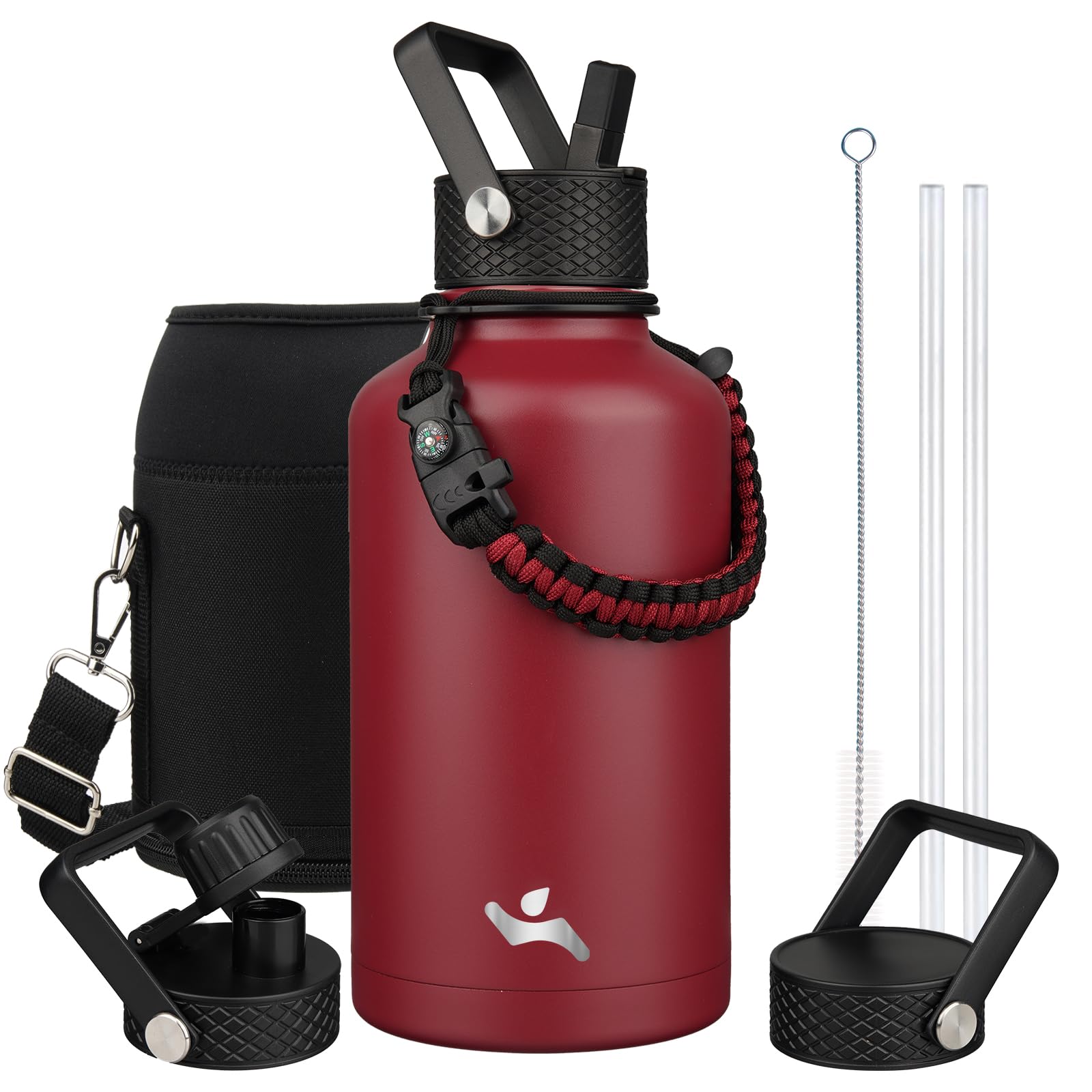 Konokyo Half Gallon Insulated Water Bottle with Straw,64 oz 3 Lids Water Jug with Carrying Bag,Paracord Handle,Double Wall Vacuu
