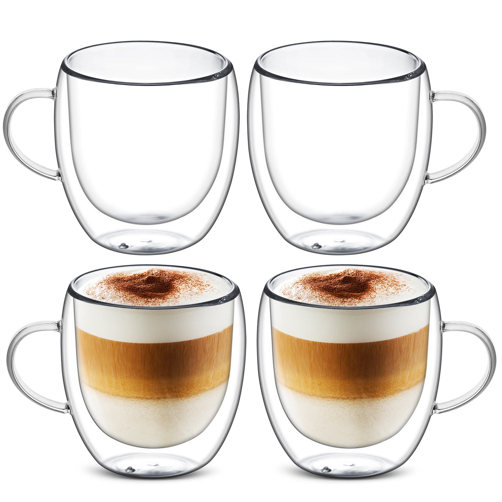 Sorfity Cappuccino Glass Mugs, Set of 4 Double Walled Espresso Mug Cups Glass Mug Set Insulated Clear Drinking Glass Coffee Cups