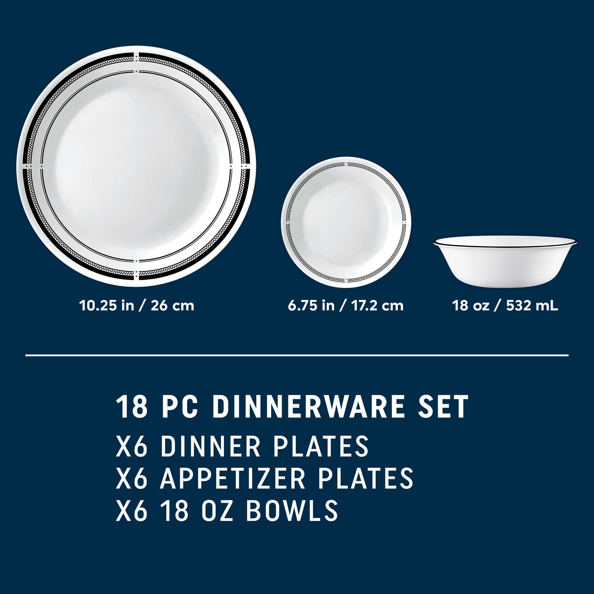 Corelle 18-Piece Round Dinnerware Set, Service for 6, Lightweight Round Plates and Bowls Set, Vitrelle Triple Layer Glass, Chip