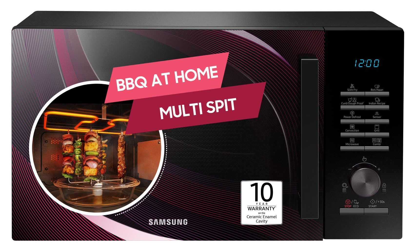 Samsung 28 L Slim Fry, Sensor Cook And Multi Spit Convection Microwave Oven (Mc28A5145Vr/Tl, Black And Pattern, Ceramic Enamel C
