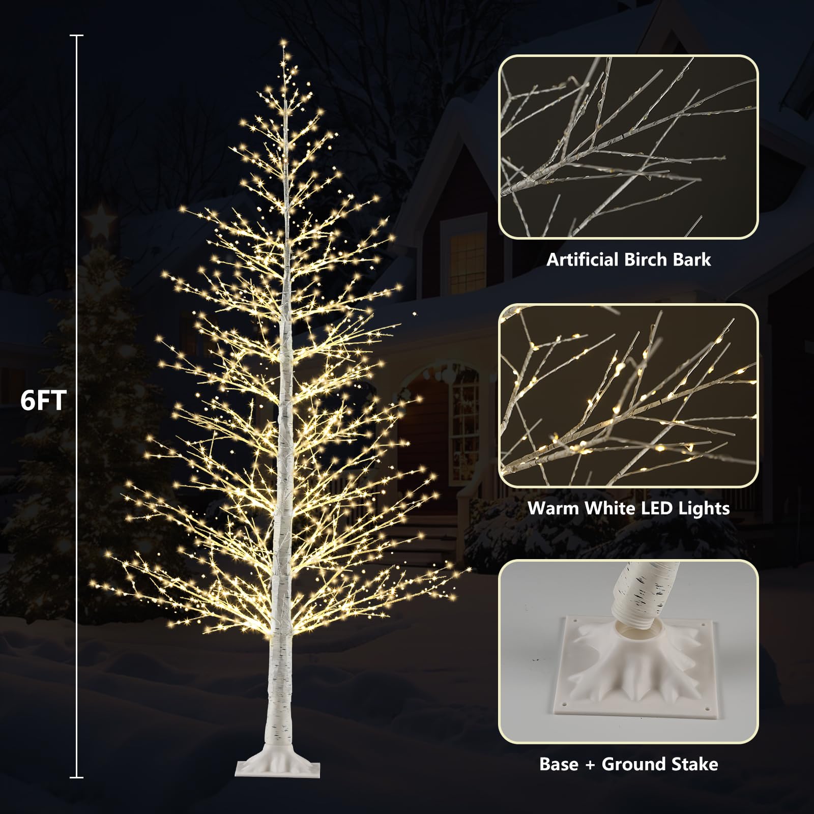 6FT Lighted Birch Tree with 1100 Warm White LEDs, Prelit Christmas Tree with Twinkle Lights, Birch Tree with LED Light for Outdo