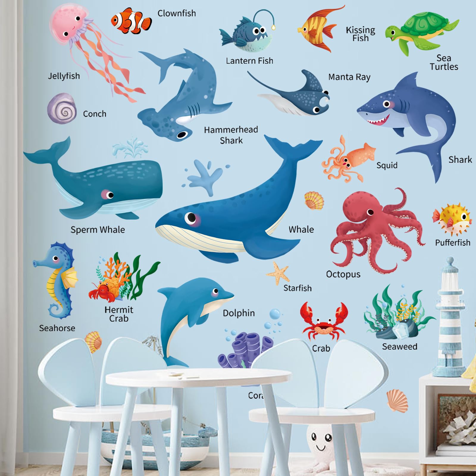 SHUCHING Under the Sea Animal Wall Decals Peel and Stick, Vinyl Educational Wall Sticker, Ocean Wall Decor for Classroom Playroo