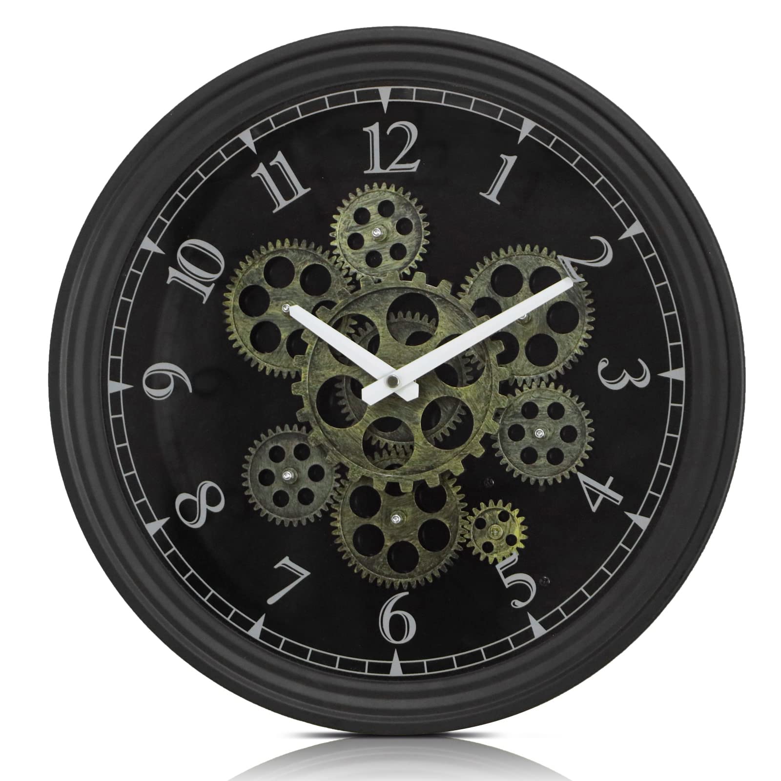 CLXEAST 15 Inch Real Moving Gear Wall Clock, Vintage Industrial Steampunk Wall Clock, Metal Black Wall Clock for Living Room Dec