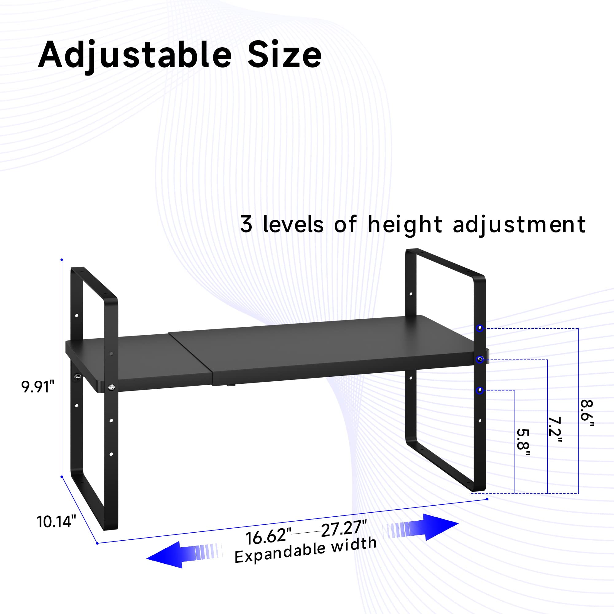 Kikibro Expandable Cabinet Shelf Organizer, Stackable Kitchen Pantry Counter Storage, Adjustable Closet Cupboard Stand Rack Rise