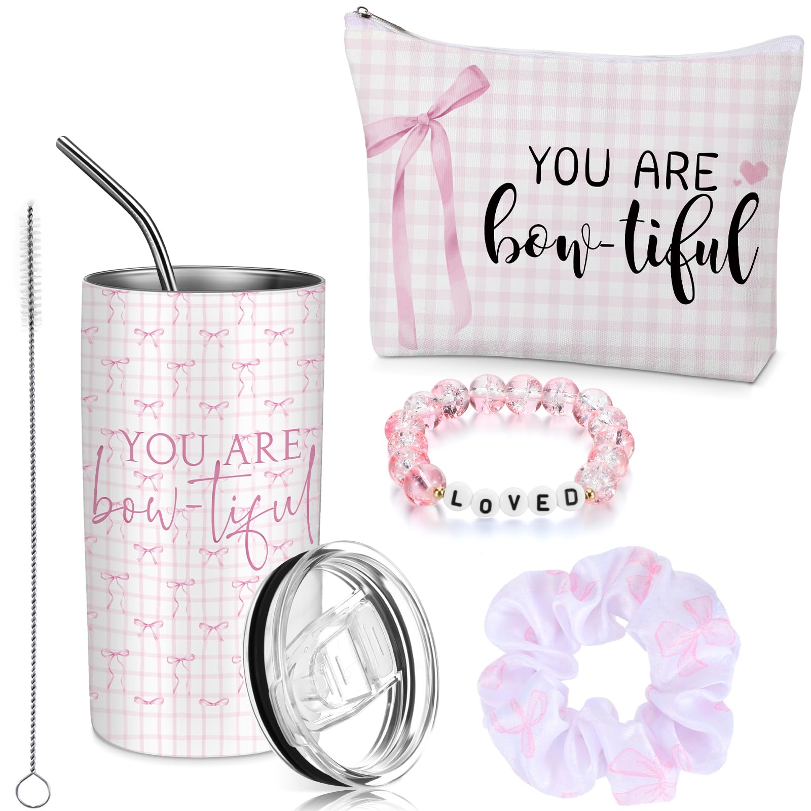 Sieral 4 Pcs Bow Gifts for Women Pink Preppy Birthday Gifts for Women Pink Bow Makeup Bag You Are Bowtiful Tumbler 14oz Beaded B