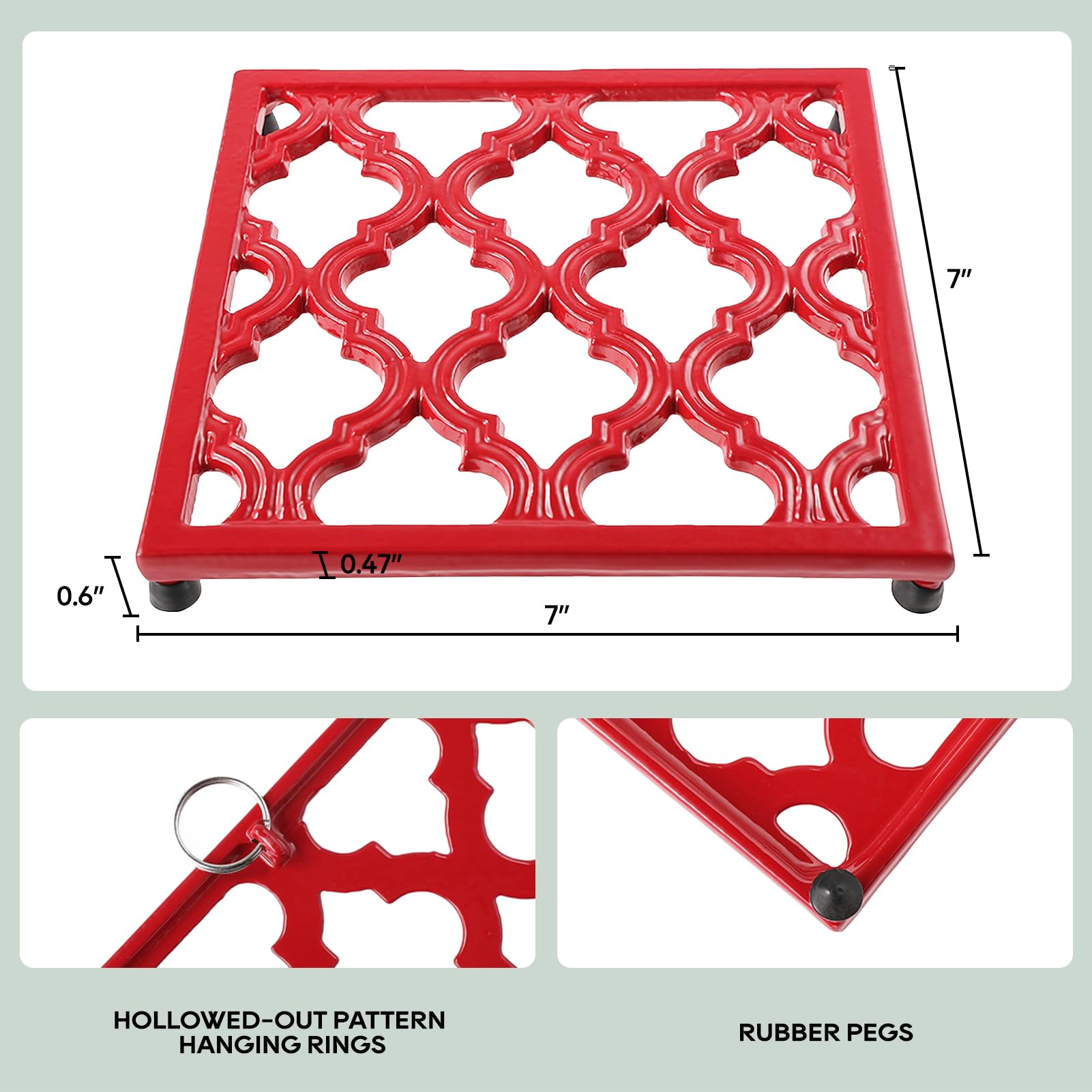 Square Cast Iron Trivet Red Metal Trivets For Kitchen Dining, Hot Pot Holder Hot Pads For Table & Countertop - Heat Resistant Te