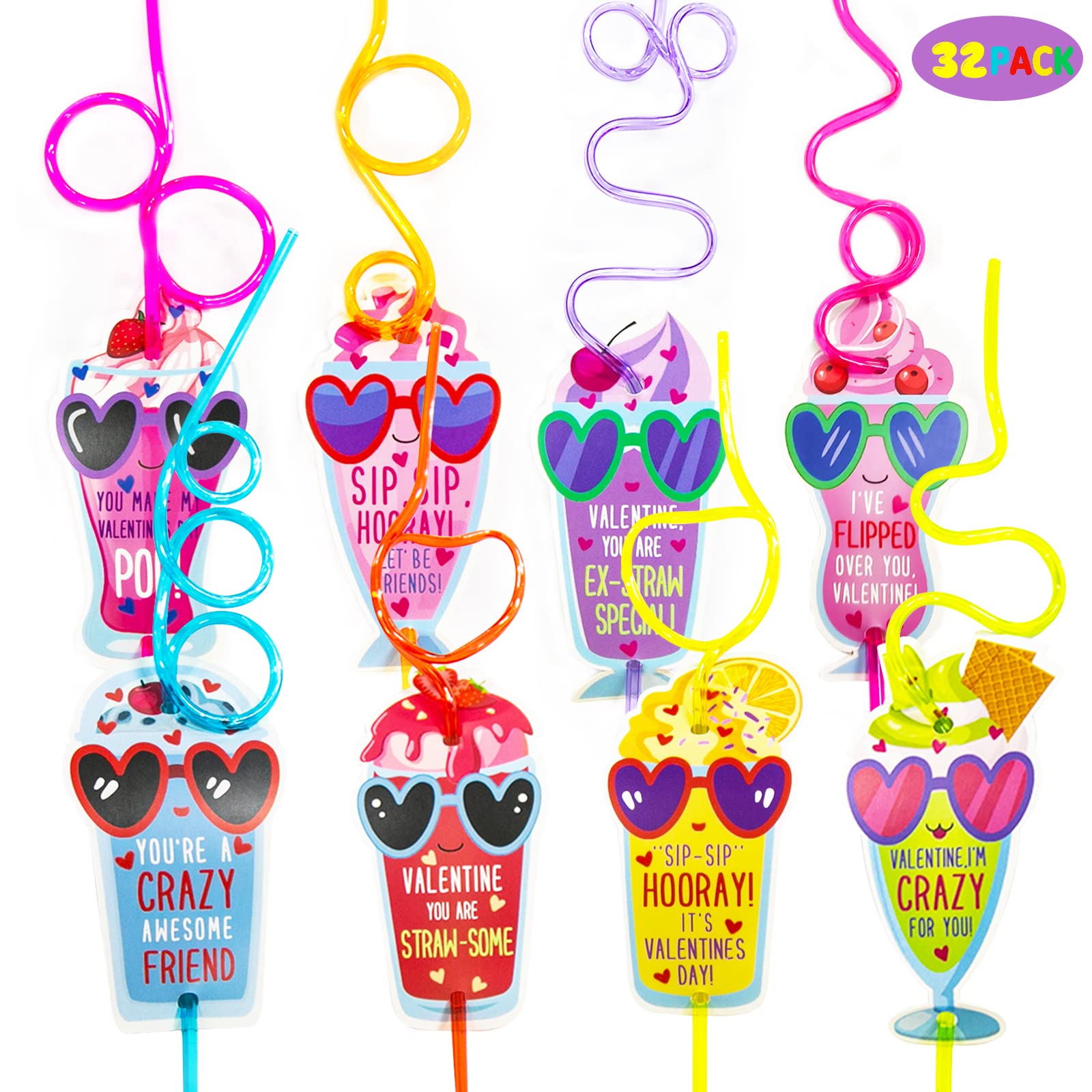 Valentines Day Gifts For Kids - Valentines Day Cards For Kids - Set Of 32 Crazy Straws Bulk - Valentine Exchange Cards For Girls
