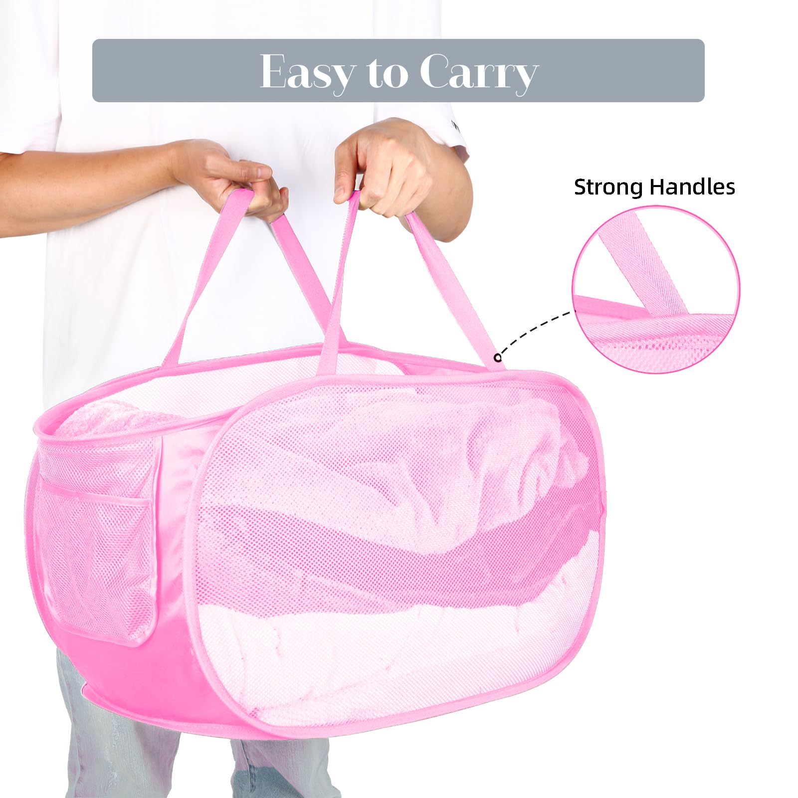 Durable Collapsible Laundry Baskets  Mesh Pop Up Laundry Hamper with Side Pocket  Foldable Clothes Hamper with Reinforced Carry Handles for Laundry  Bathroom  Kids Room  Dorm or Travel 2 Pack Pink