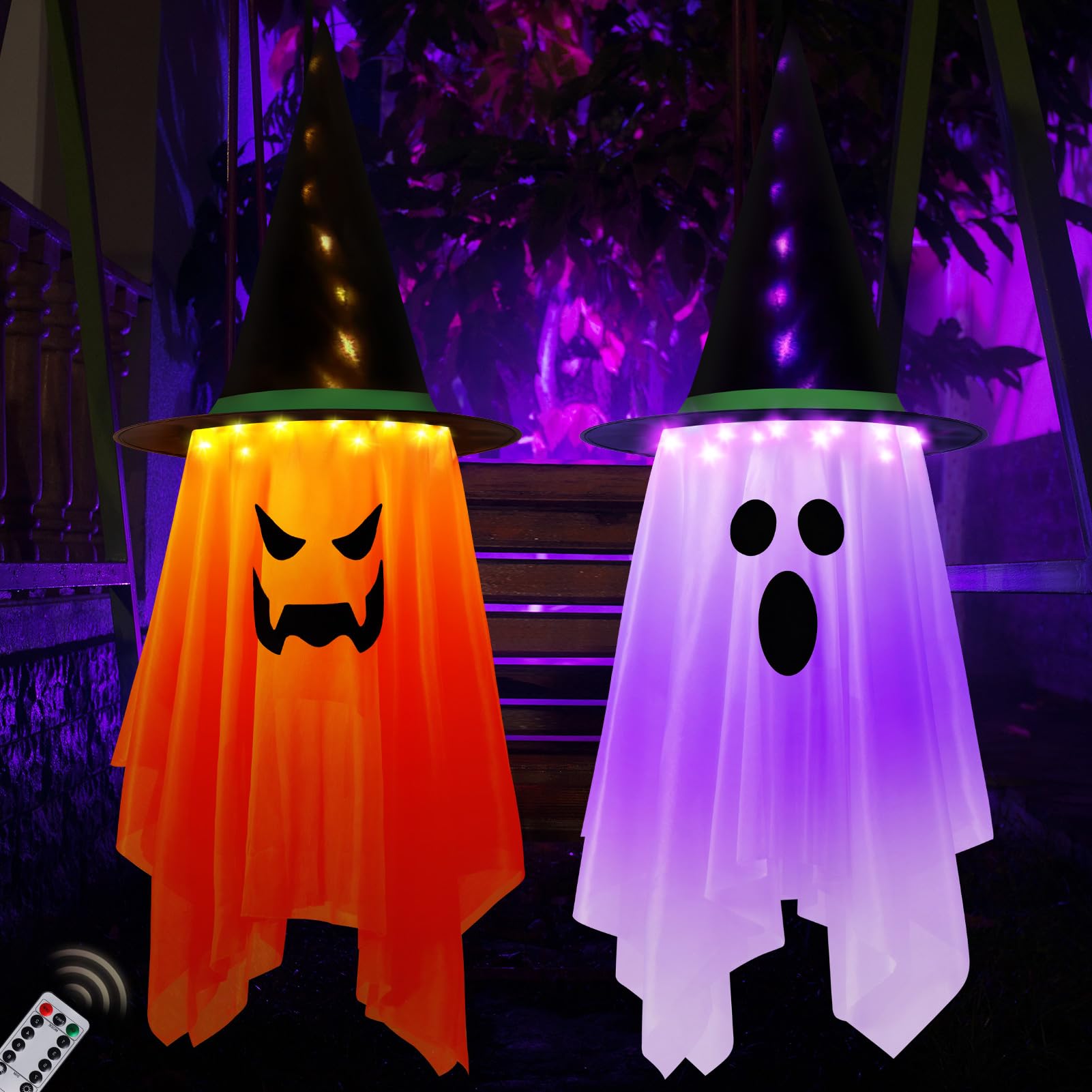 2PCS Halloween Decorations Outdoor Indoor, 41 x 14 Large Size Halloween Hanging Lighted Glowing Ghost Witch Hat Lights Ornaments
