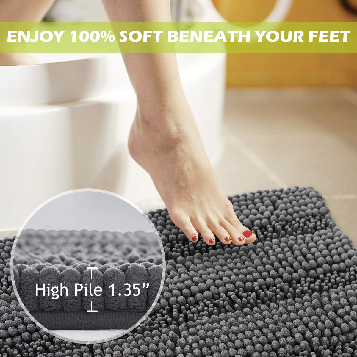 Kgorge Gray Bathroom Rugs - Non Slip Water Absorbent Washable Anti-Skid Super Soft Chenille Kitchen Mats For Living Room Bedroom