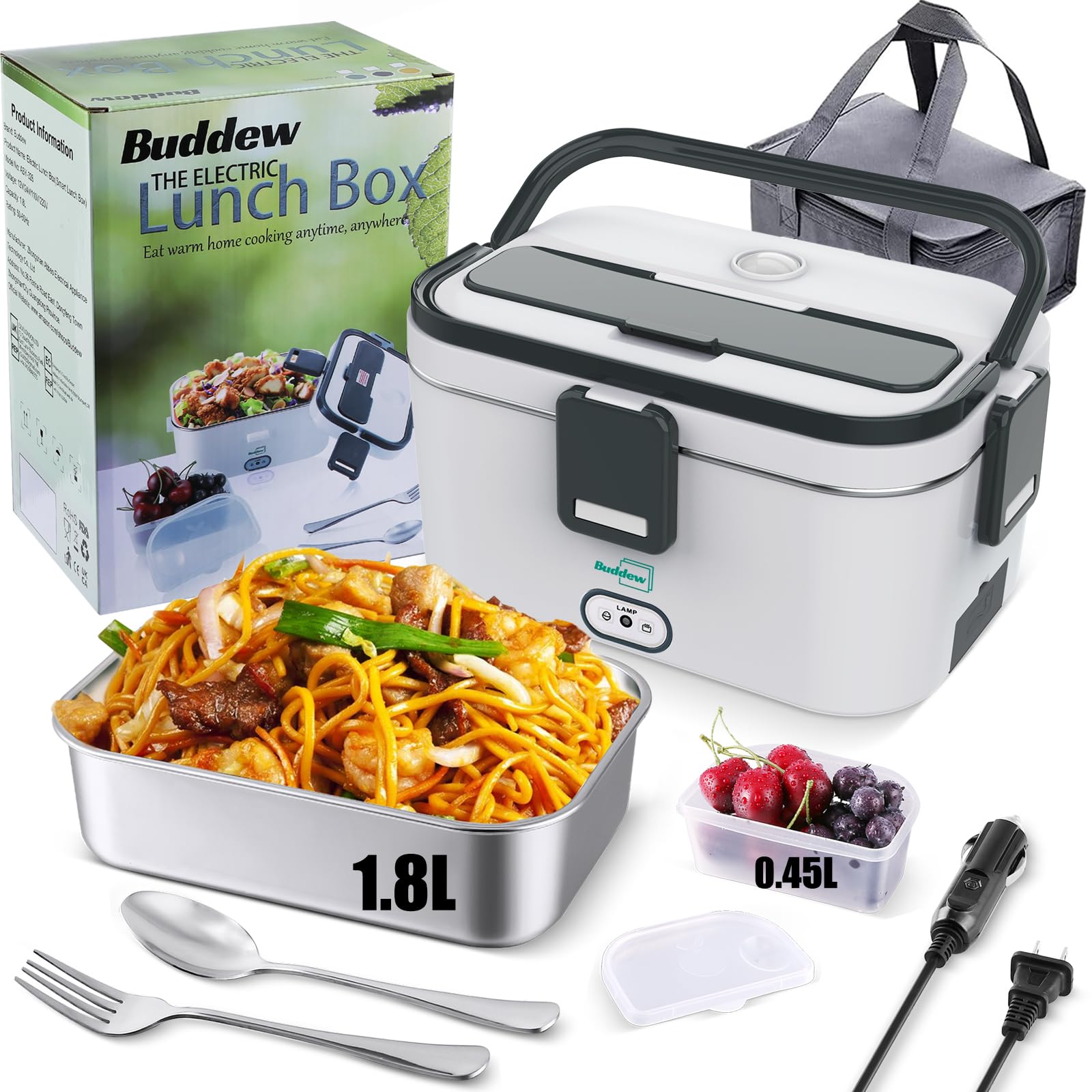 Buddew Electric Lunch Box 70W Food Heater 3 In 1 12V/24V/110-230V Portable Lunch Warmer (1.8L Large-Capacity) Heated Lunch Box F