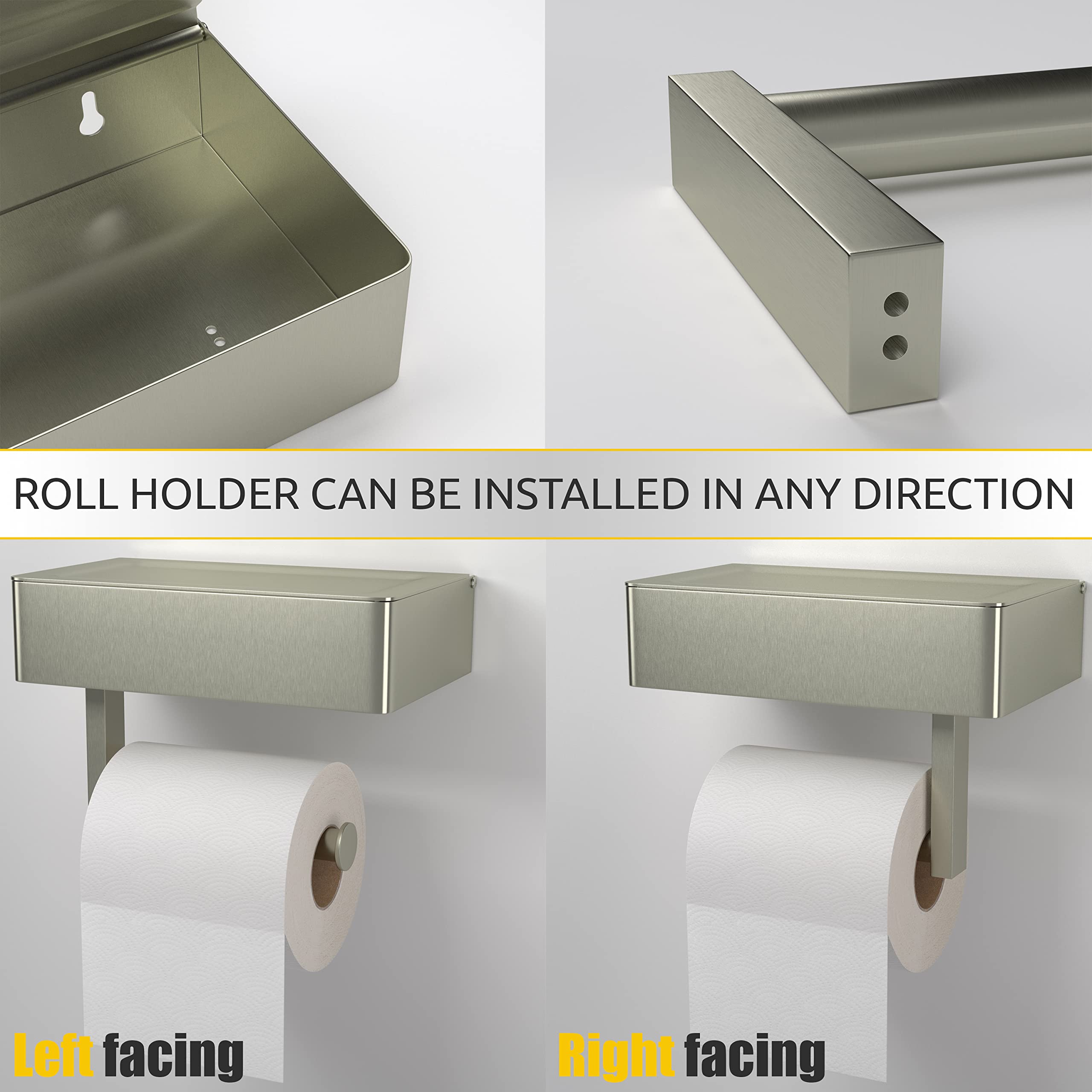 Sayoneyes Brushed Gold Toilet Paper Holder With Shelf And Storage - Sus304 Stainless Steel Flushable Wipes Holder - Two Installa