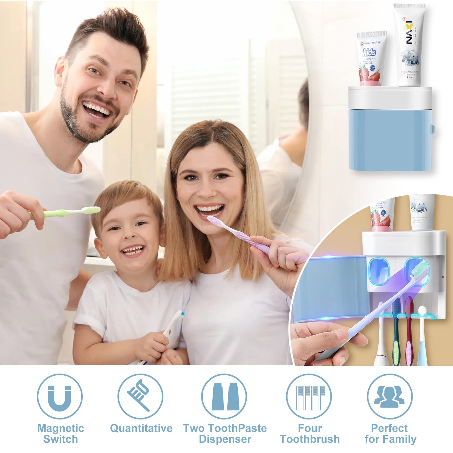 GFWARE Toothbrush Holder Toothpaste Dispenser Wall Mounted Blue Cover Electric Tooth Brush Stand Set with 2 Toothpaste Squeezers for Shower Bathroom Kids (No Electric  No Light)