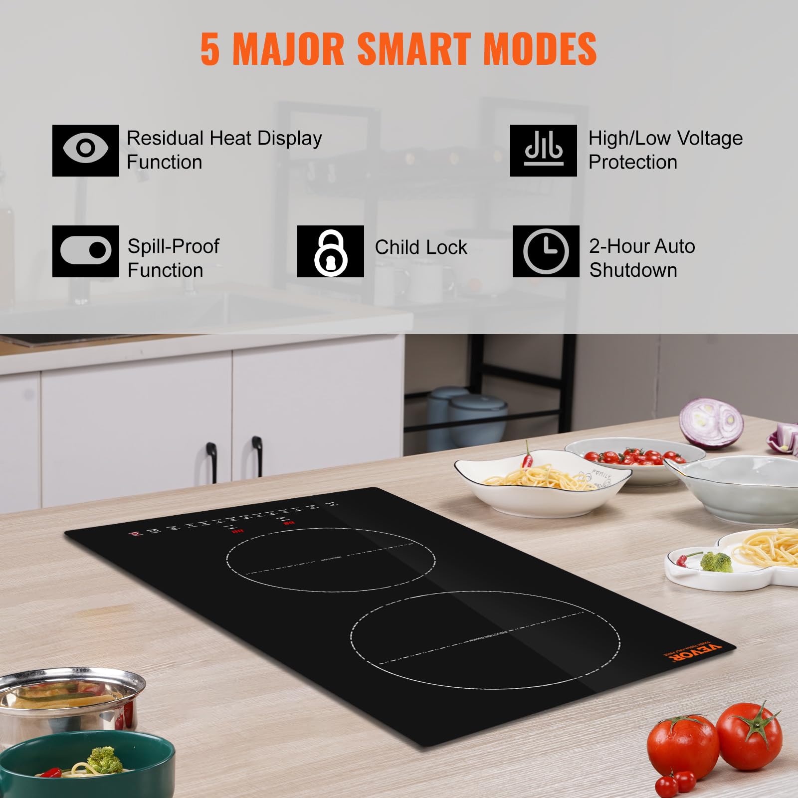 Vevor Built-In Induction Electric Stove Top 12 Inch,2 Burners Electric Cooktop,9 Power Levels & Sensor Touch Control,Easy To Cle