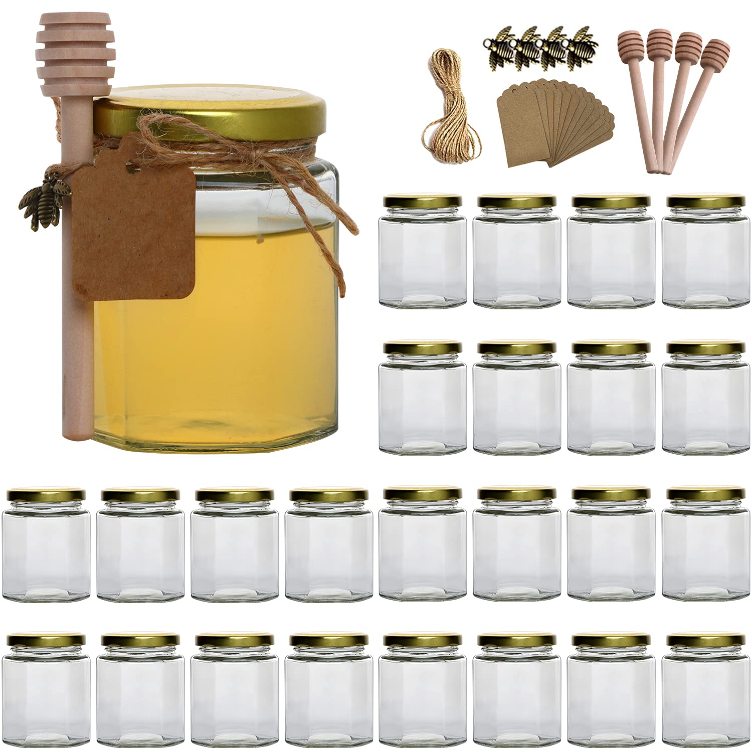Woaiwo-Q 6 Oz Hexagon Glass Honey Jars, Glass Jars With Gold Lids,Bronzy Bee Pendants,Wooden Honey Sticks,Small Tags,1.5M Jute T