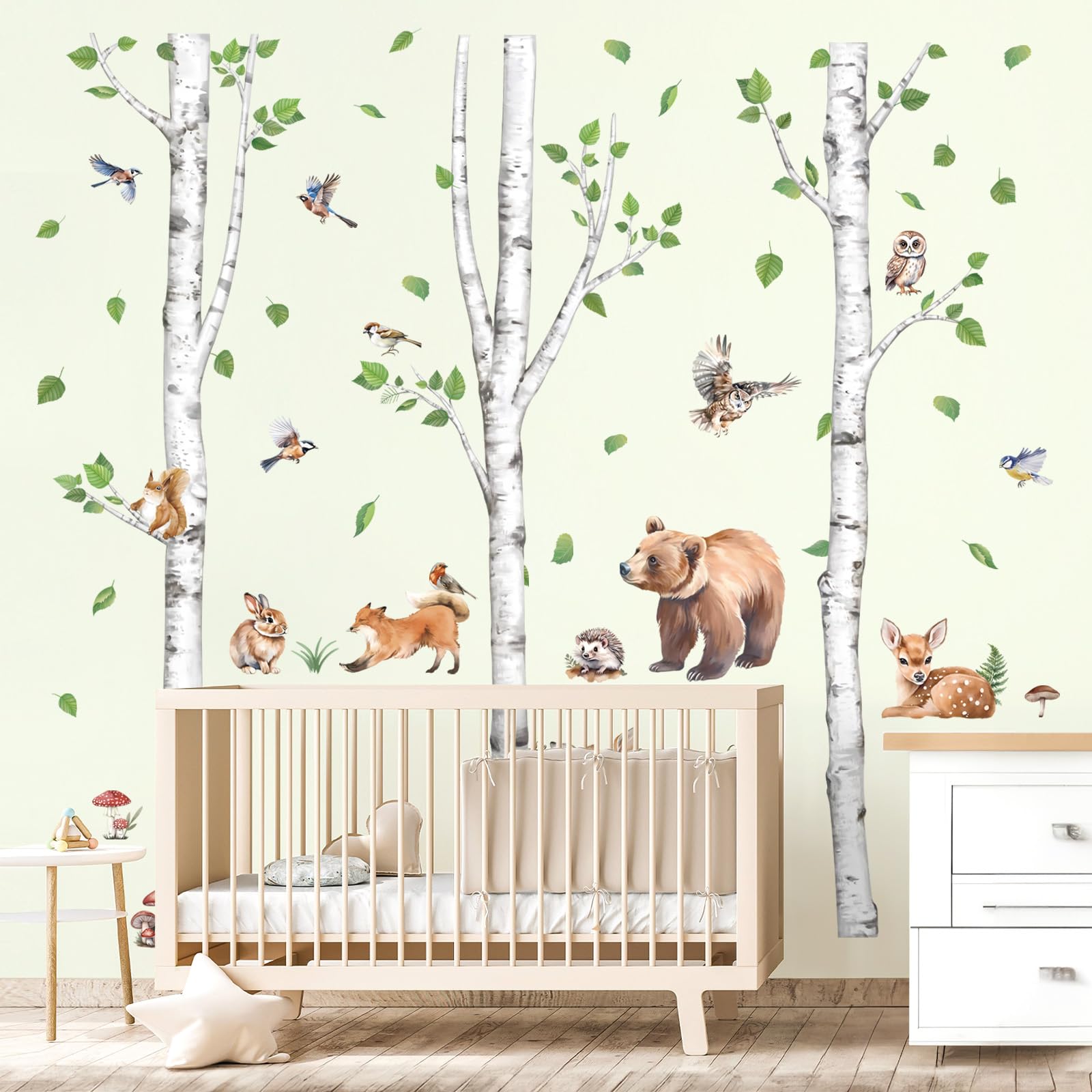 Wondever Large Birch Tree Animals Wall Stickers Forest Owl Fox Bear Deer Peel And Stick Wall Art Decals For Baby Nursery Kids Be