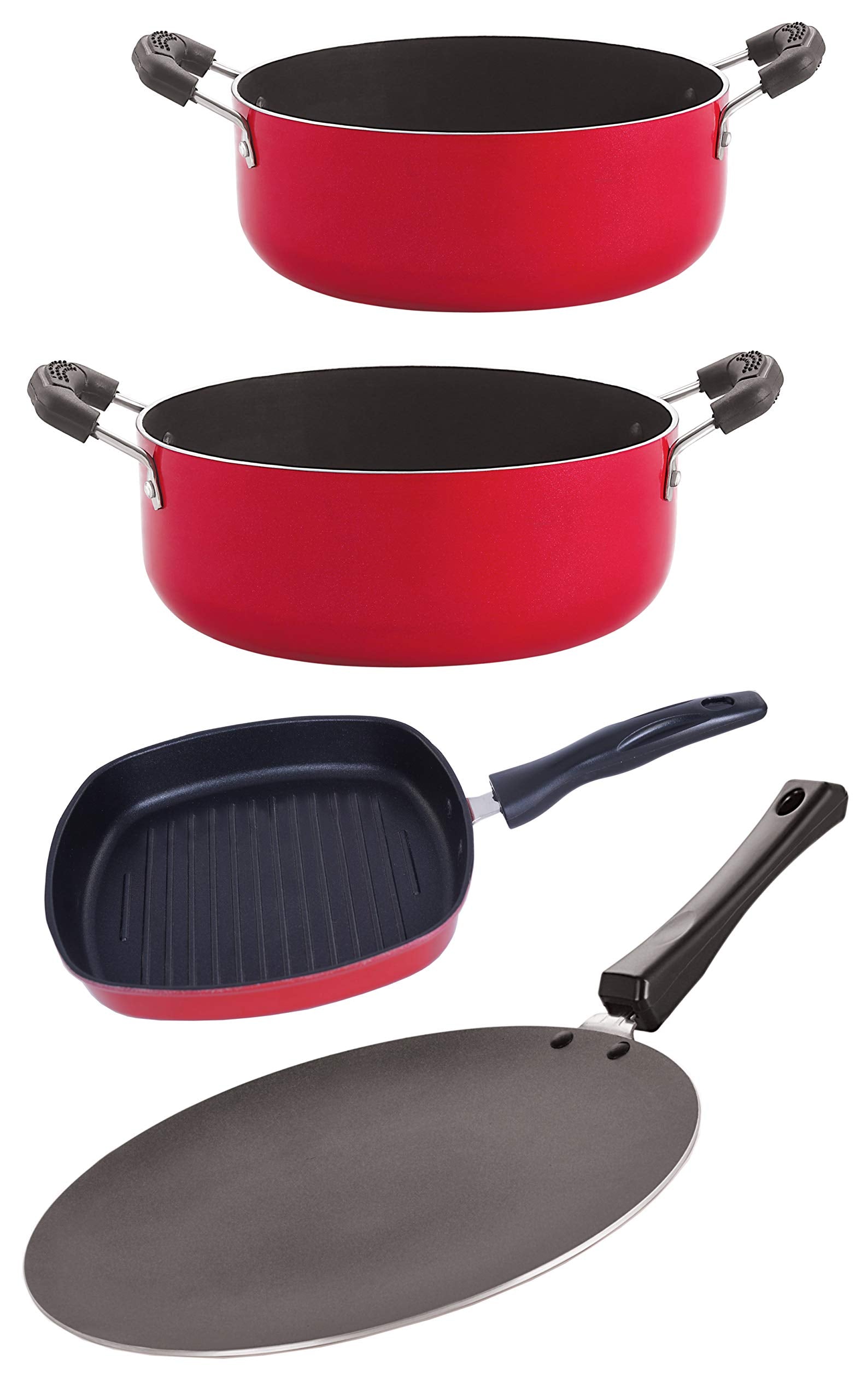 Nirlon NonStick Cookware Kitchen Aluminium Cooking Essential Combo 4 Pieces Set (Concave Tawa 28.5Cm + Casserole 2.1 Ltr + Gril