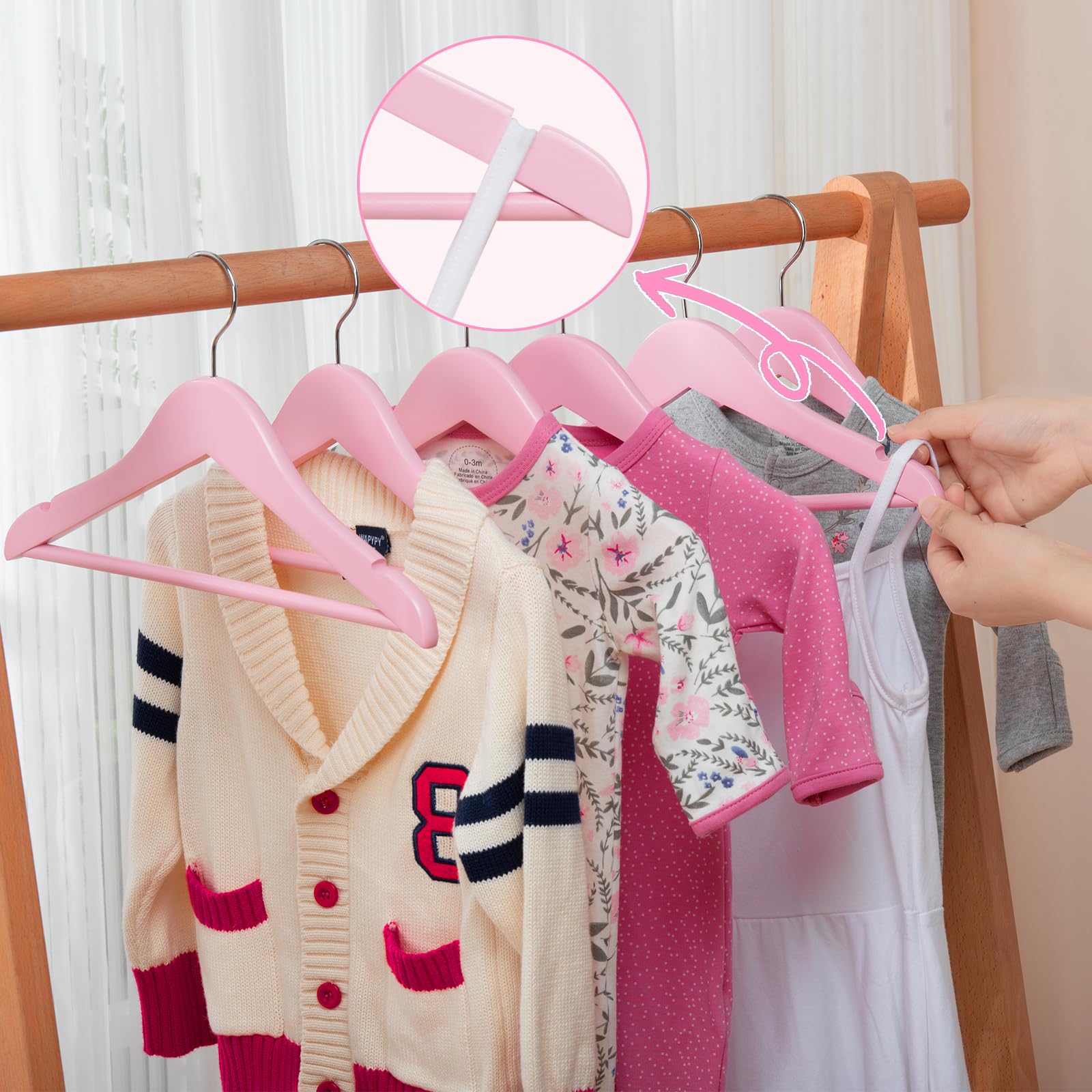Fairyhaus Kids Wooden Hangers 20Pack Pink, 12.8 Inch Baby Wooden Hangers For Closet, Anti-Rust 360 Swivel Hook, Notches & Smooth