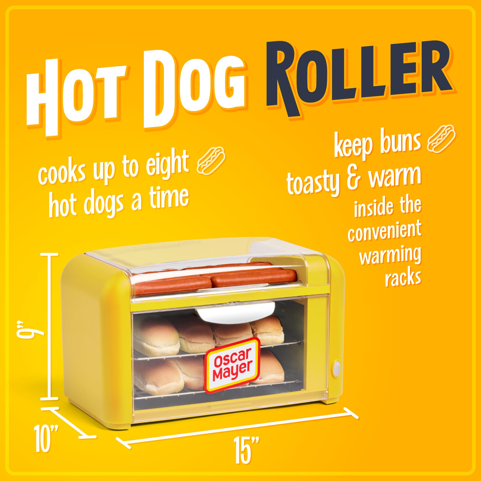 Nostalgia Oscar Mayer Extra Large Hot Dog Roller & Bun Toaster Oven - Stainless Steel, Compact, Yellow, Adjustable Timer