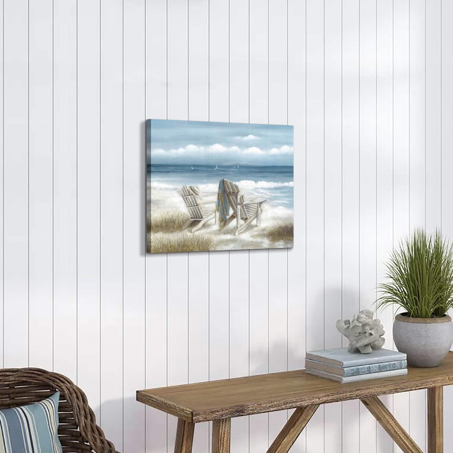 Tar Tar Studio Abstract Seascape Canvas Wall Art: Beach Chair On Sand Painting Print For Bedroom (24'' W X 18'' H, Multiple Size