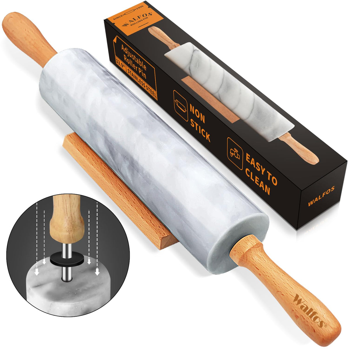 Walfos Marble Rolling Pin With Wooden Handles & Wood Cradle, 16.5 Inch Marble Rolling Pins For Making Pizza Dough And Tortillas,
